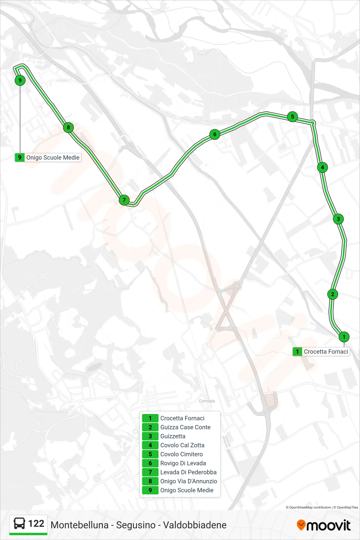 Linea 122 bus (Onigo Scuole Medie) - Percorsi e fermate sulla mappa