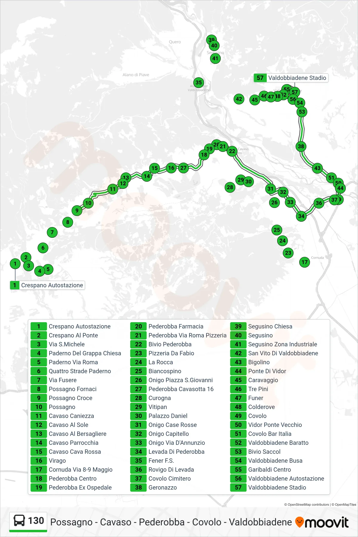 Linea 130 bus (Valdobbiadene Autostazione) - Percorsi e fermate sulla mappa