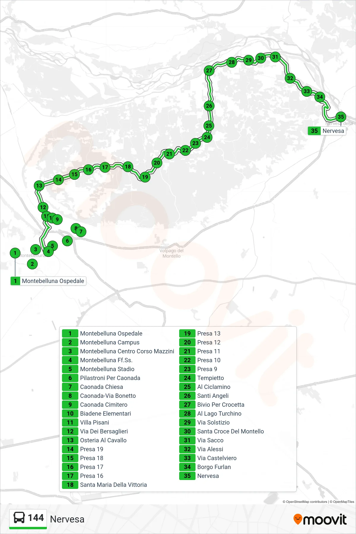 Linea 144 bus (Nervesa) - Percorsi e fermate sulla mappa