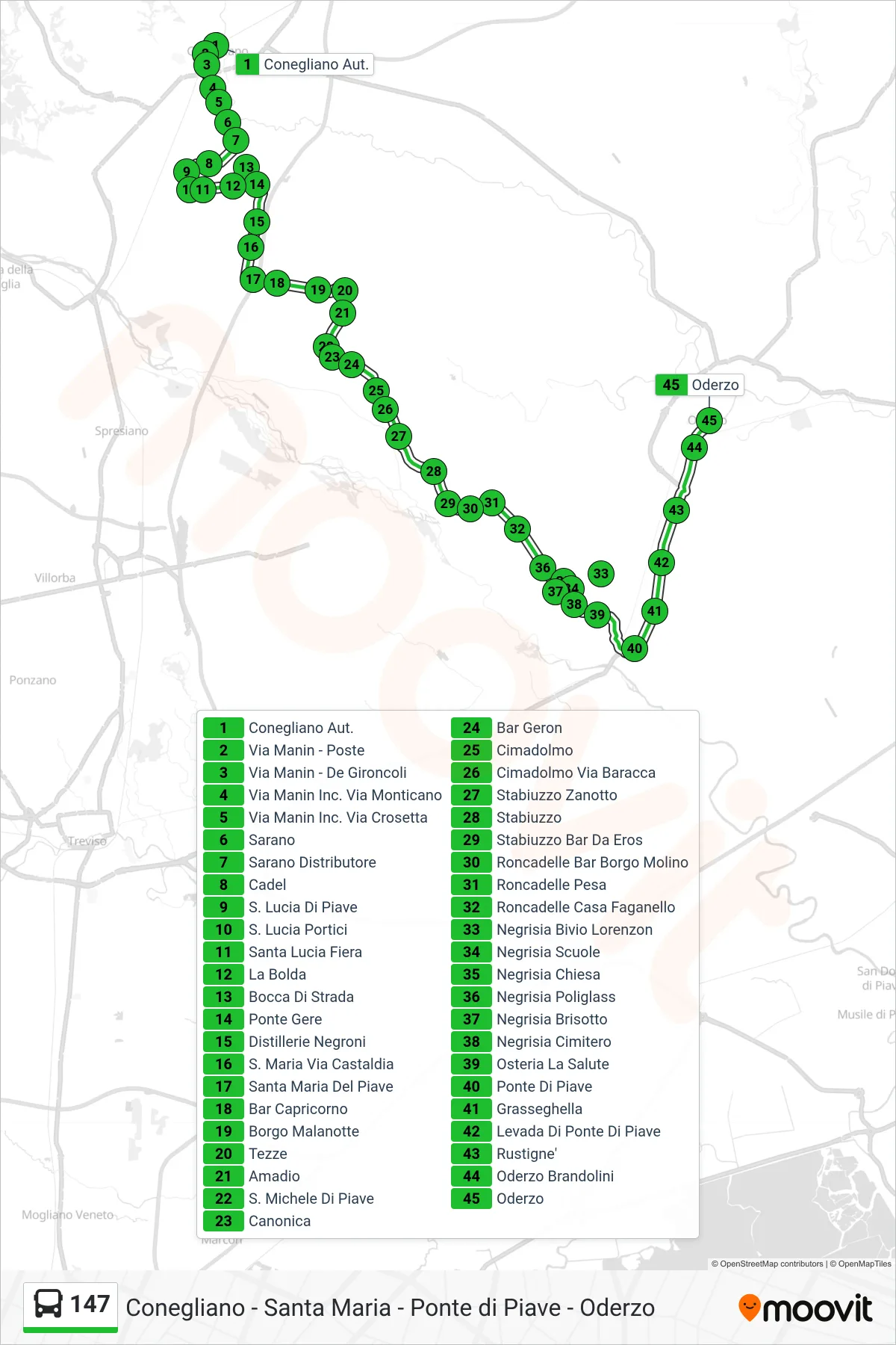 Linea 147  bus (Oderzo) - Percorsi e fermate sulla mappa