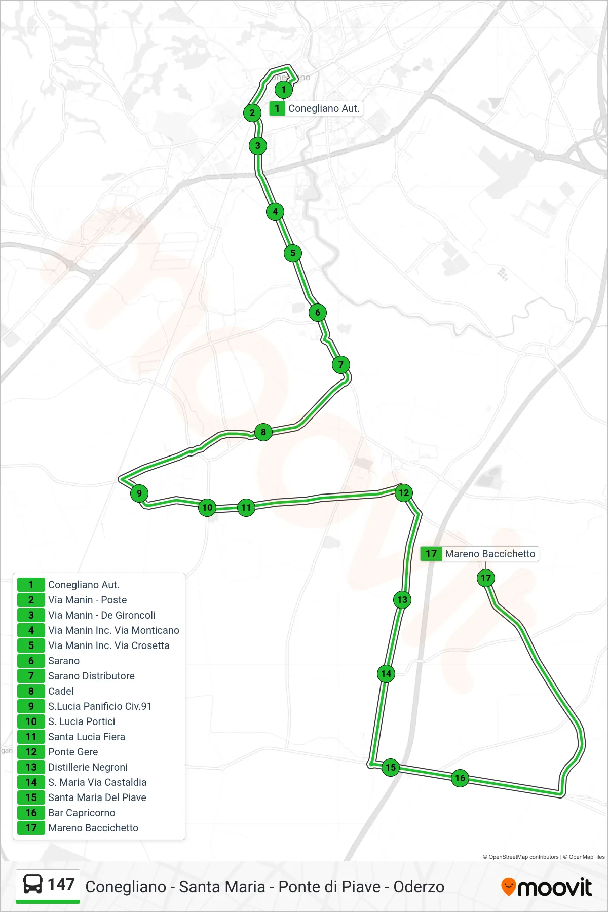 Linea 147 bus (Mareno Baccichetto) - Percorsi e fermate sulla mappa
