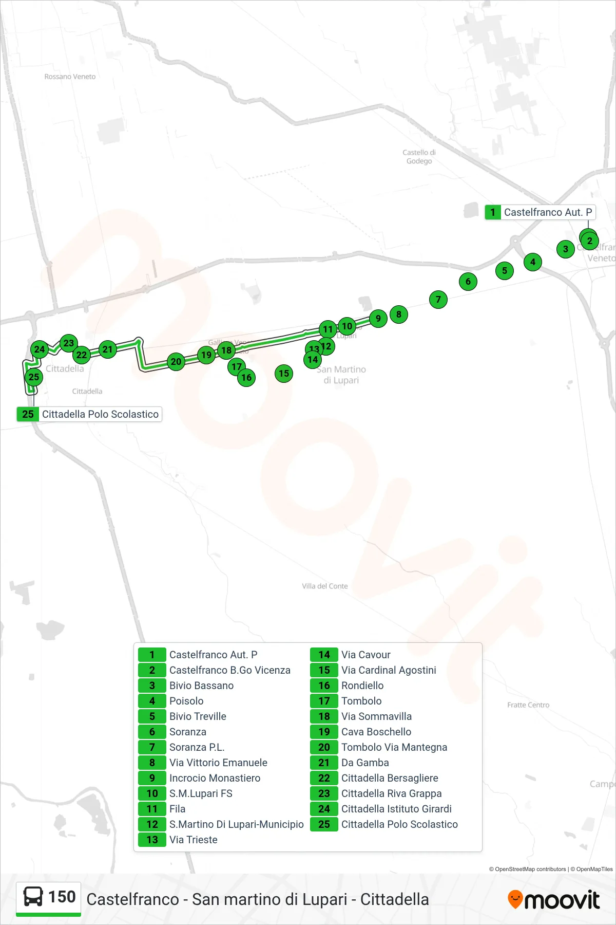 Linea 150  bus (Cittadella Polo Scolastico) - Percorsi e fermate sulla mappa