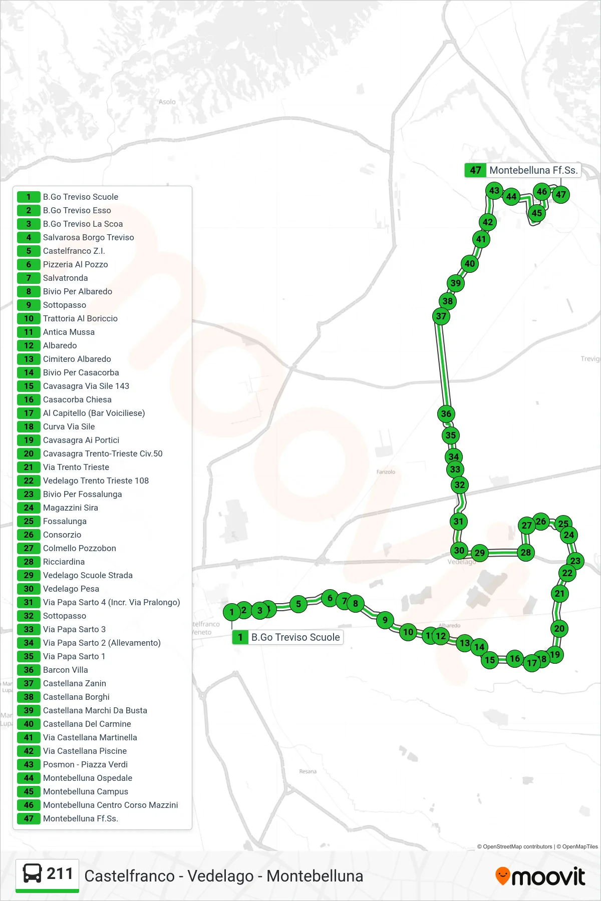 Linea 211 bus (Montebelluna Ff.Ss.) - Percorsi e fermate sulla mappa