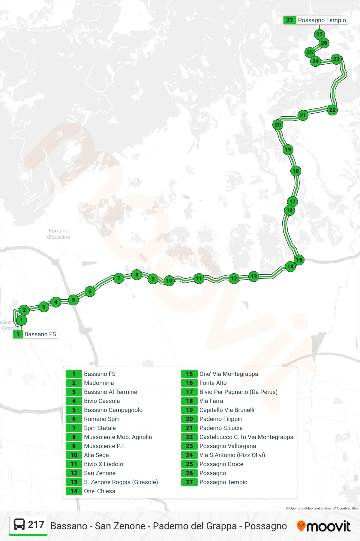 Linea 217 bus (Possagno Tempio) - Percorsi e fermate sulla mappa