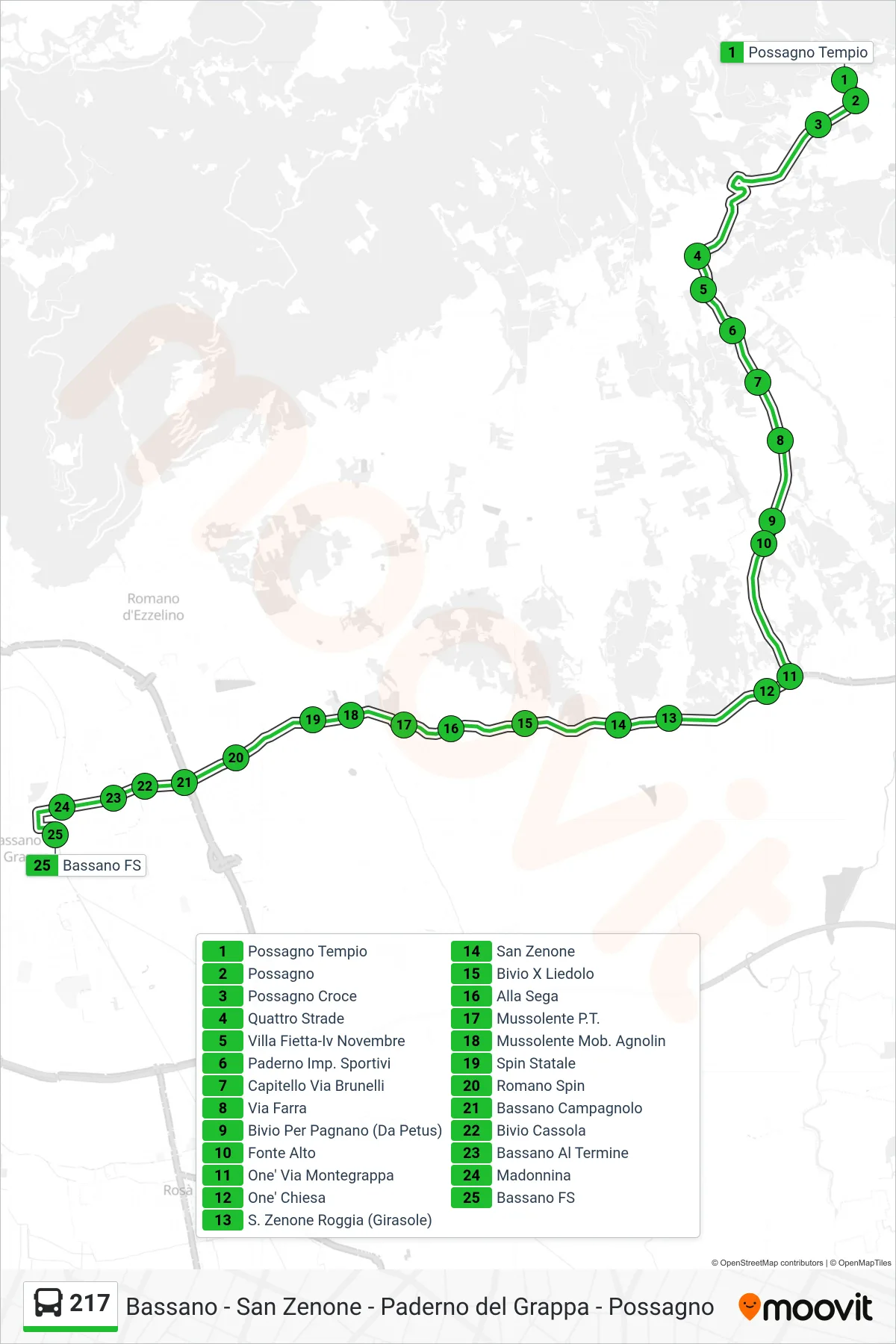 Linea 217 bus (Bassano FS) - Percorsi e fermate sulla mappa