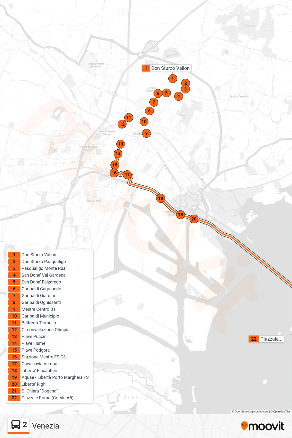 Linea 2  bus (Venezia) - Percorsi e fermate sulla mappa