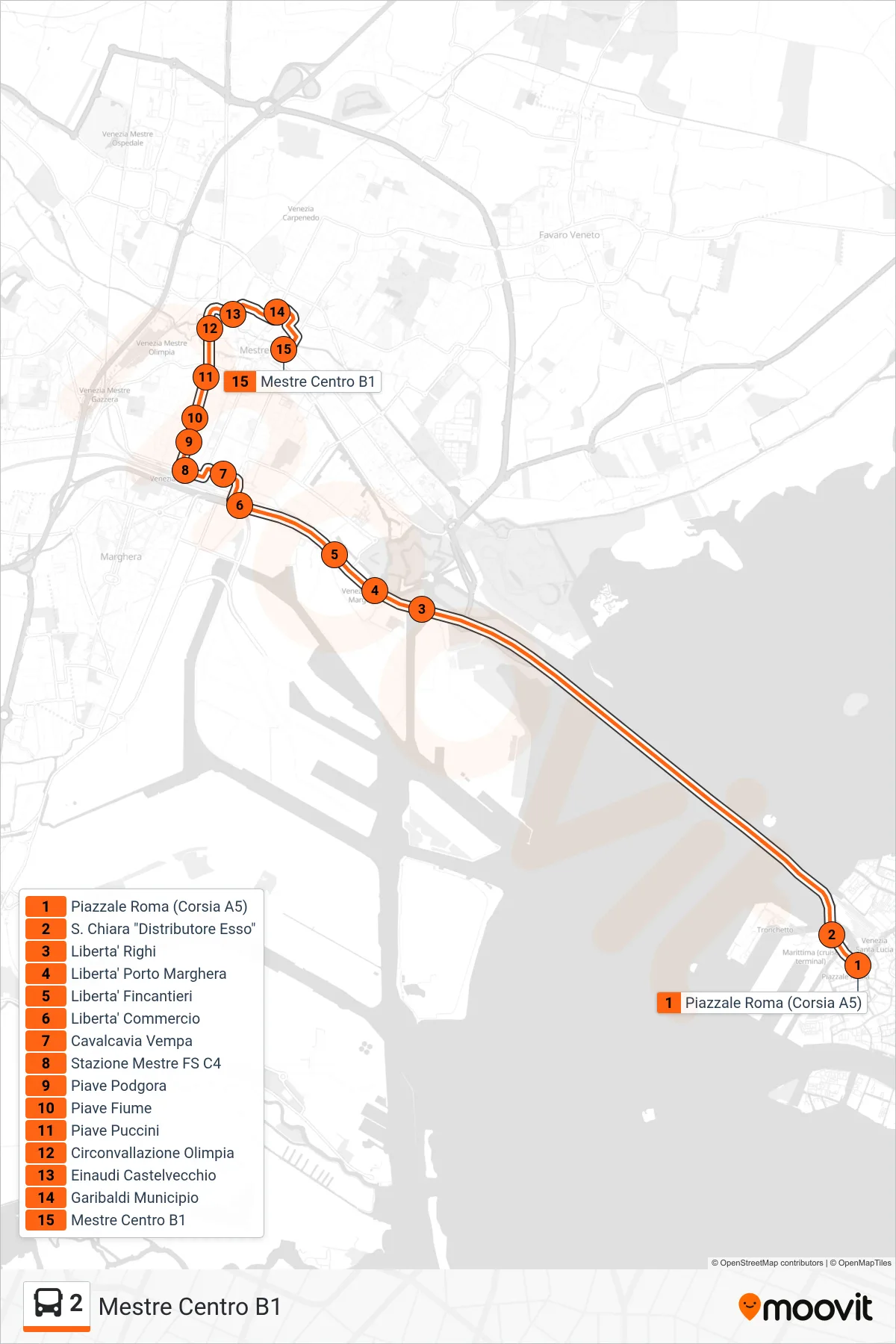 Linea 2 bus (Mestre Centro B1) - Percorsi e fermate sulla mappa