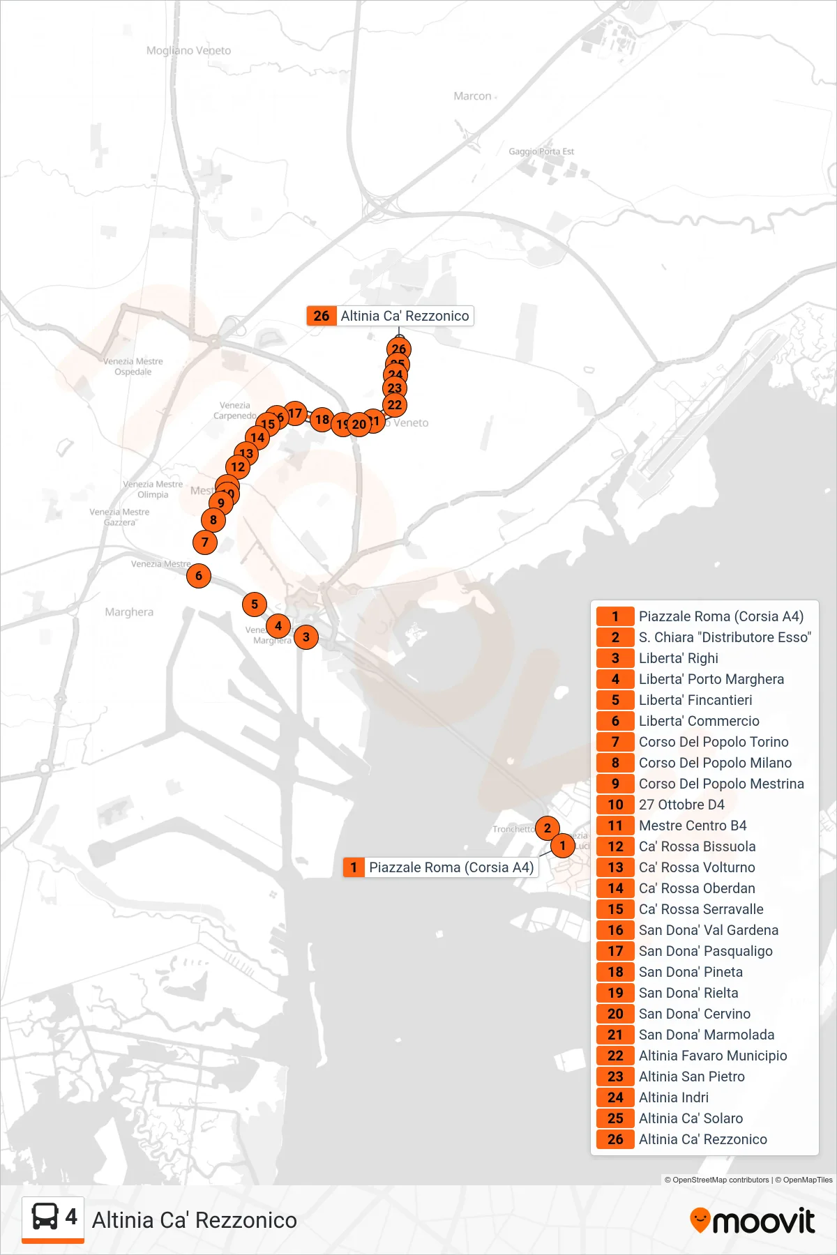 Linea 4  bus (Altinia Ca' Rezzonico) - Percorsi e fermate sulla mappa