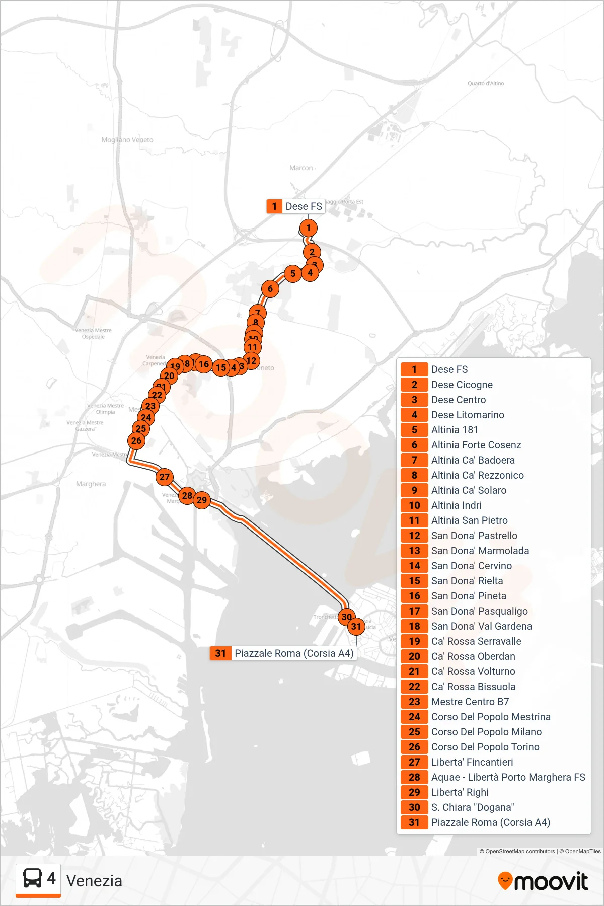 Linea 4 bus (Venezia) - Percorsi e fermate sulla mappa
