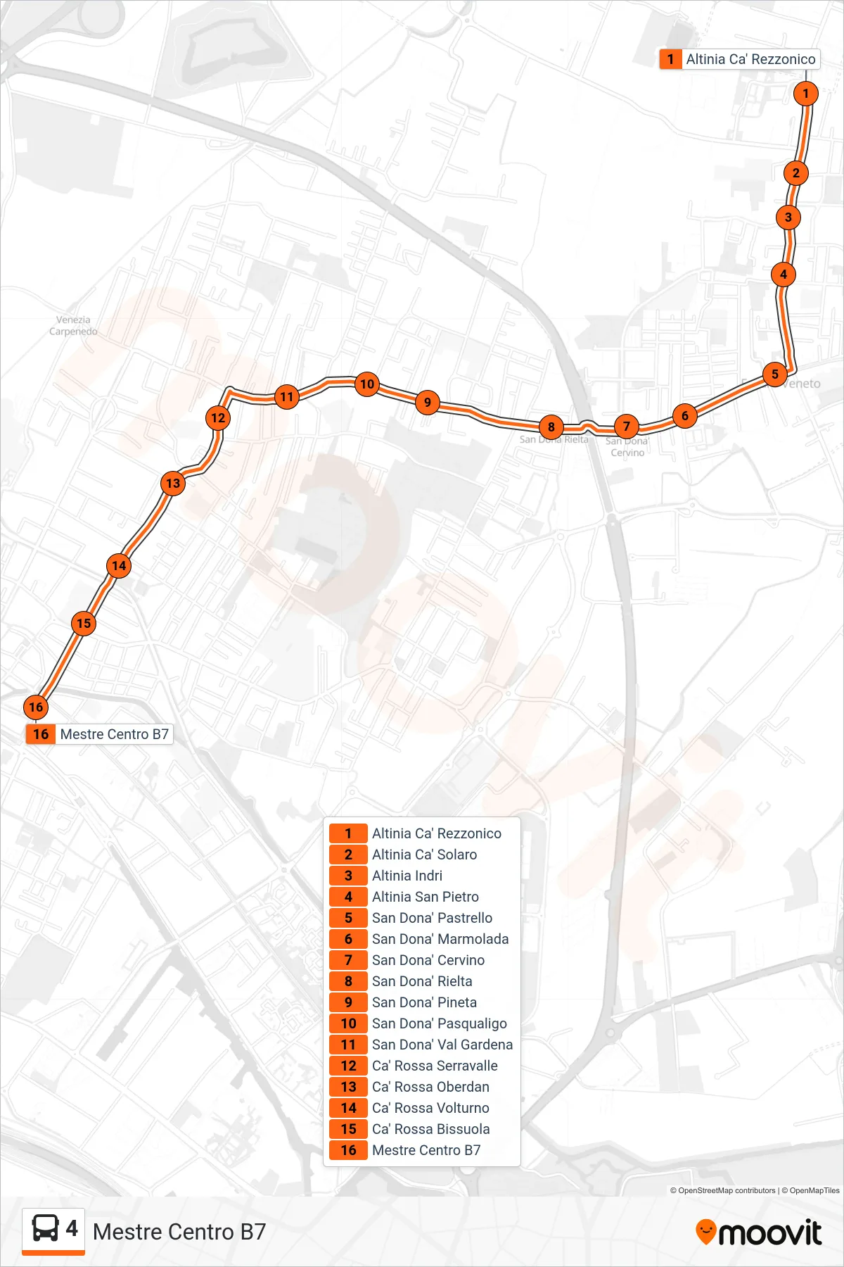 Linea 4 bus (Mestre Centro B7) - Percorsi e fermate sulla mappa