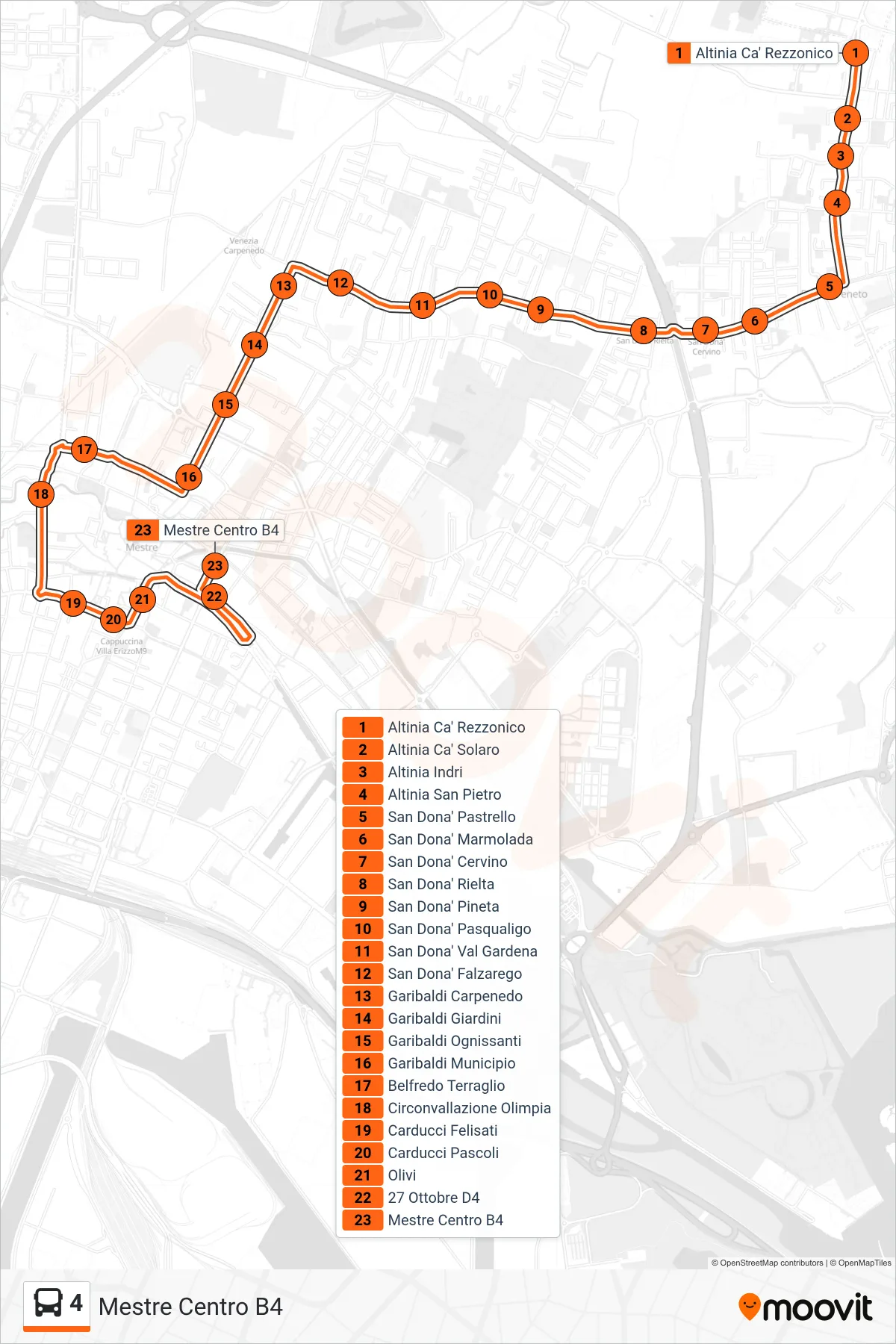 Linea 4  bus (Mestre Centro B4) - Percorsi e fermate sulla mappa