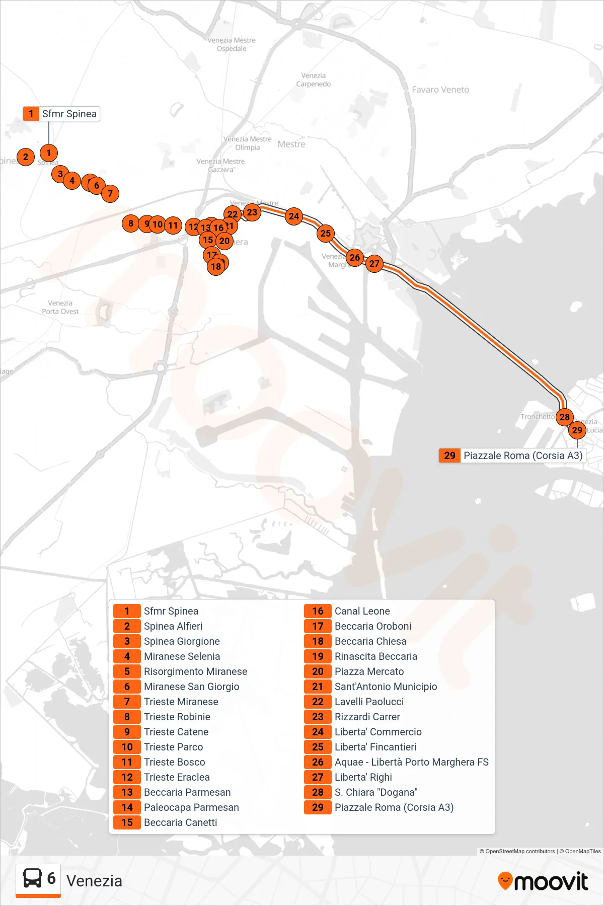 Linea 6 bus (Venezia) - Percorsi e fermate sulla mappa