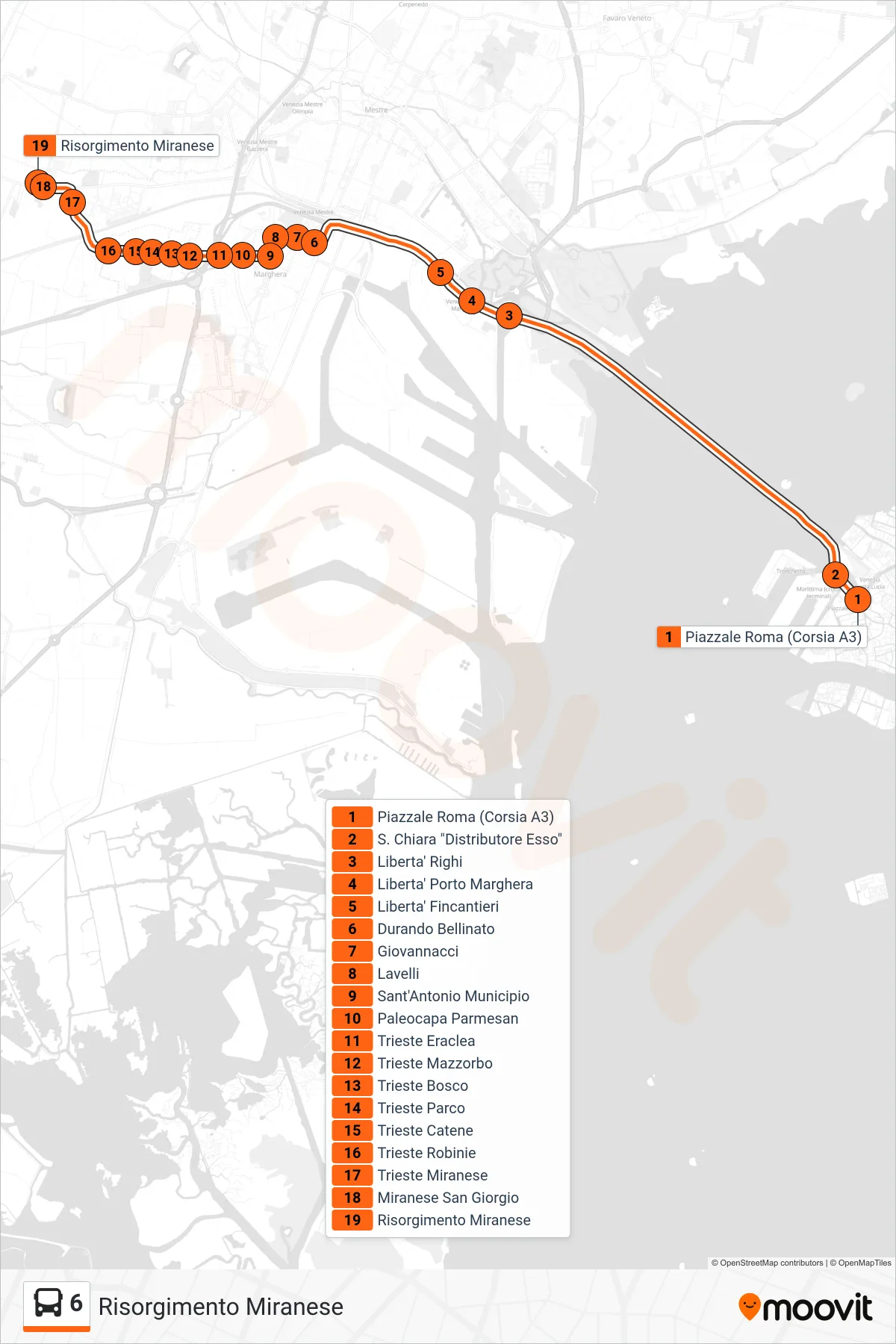 Linea 6 bus (Risorgimento Miranese) - Percorsi e fermate sulla mappa