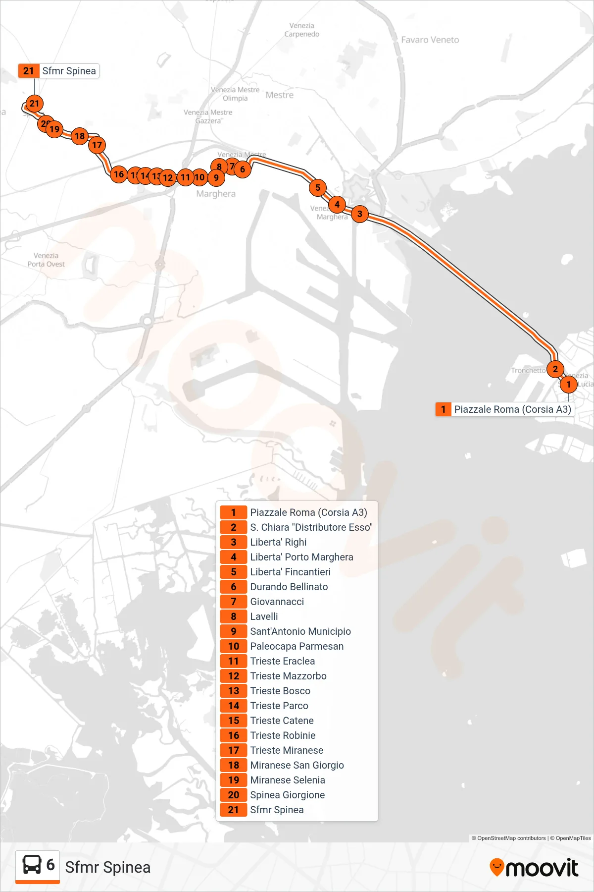 Linea 6 bus (Sfmr Spinea) - Percorsi e fermate sulla mappa