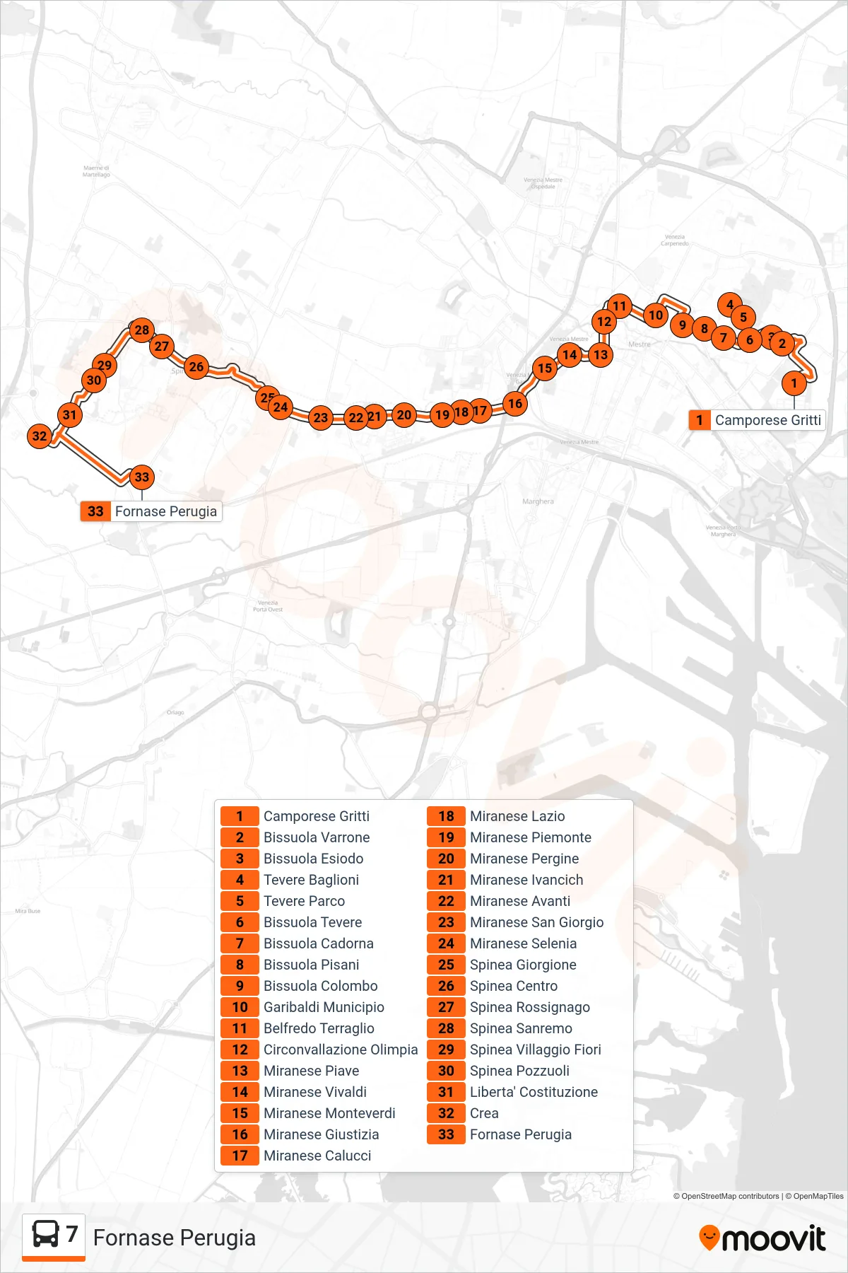 Linea 7  bus (Fornase Perugia) - Percorsi e fermate sulla mappa