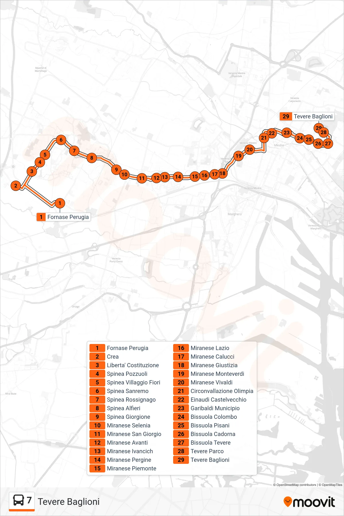 Linea 7 bus (Tevere Baglioni) - Percorsi e fermate sulla mappa