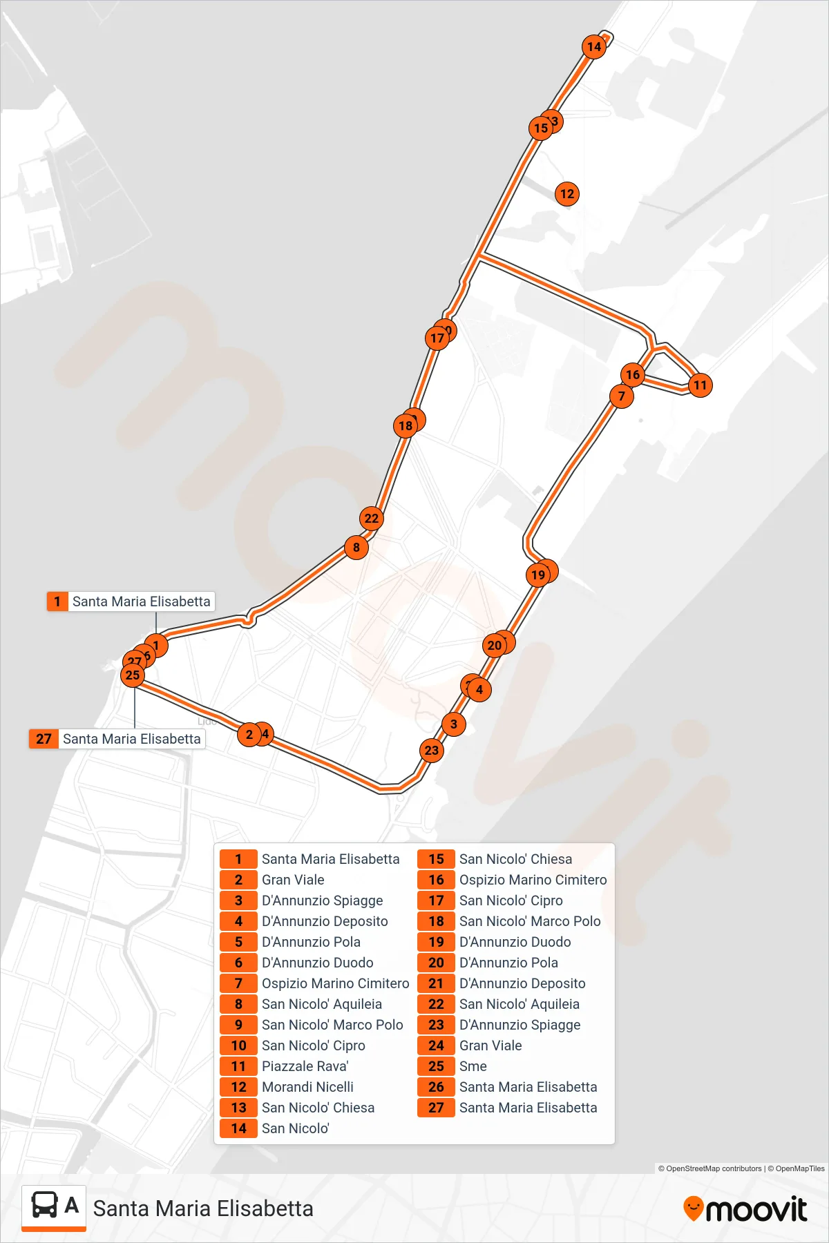 Linea A bus (Santa Maria Elisabetta) - Percorsi e fermate sulla mappa