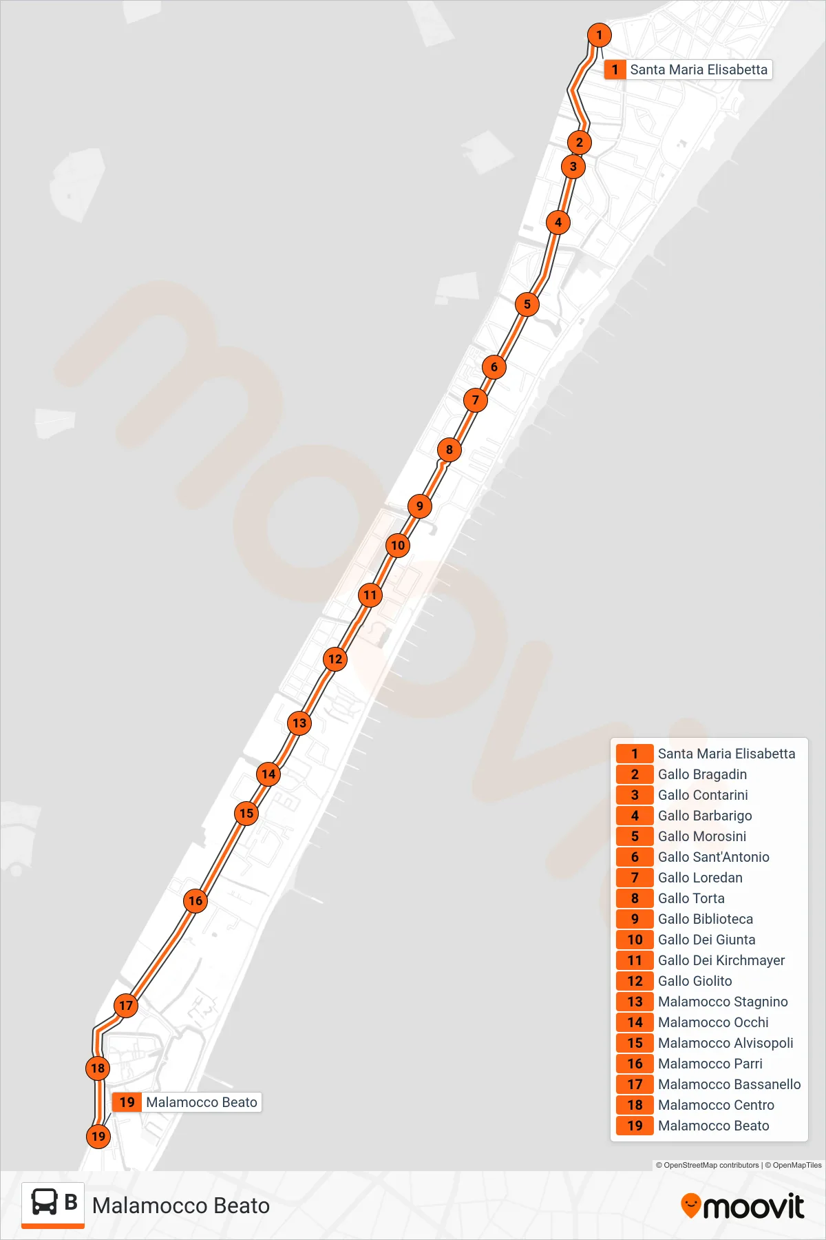 Linea B bus (Malamocco Beato) - Percorsi e fermate sulla mappa