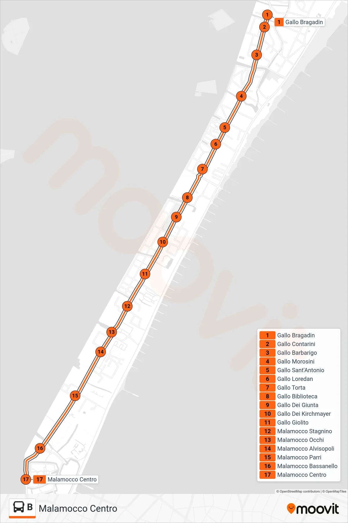 Linea B bus (Malamocco Centro) - Percorsi e fermate sulla mappa