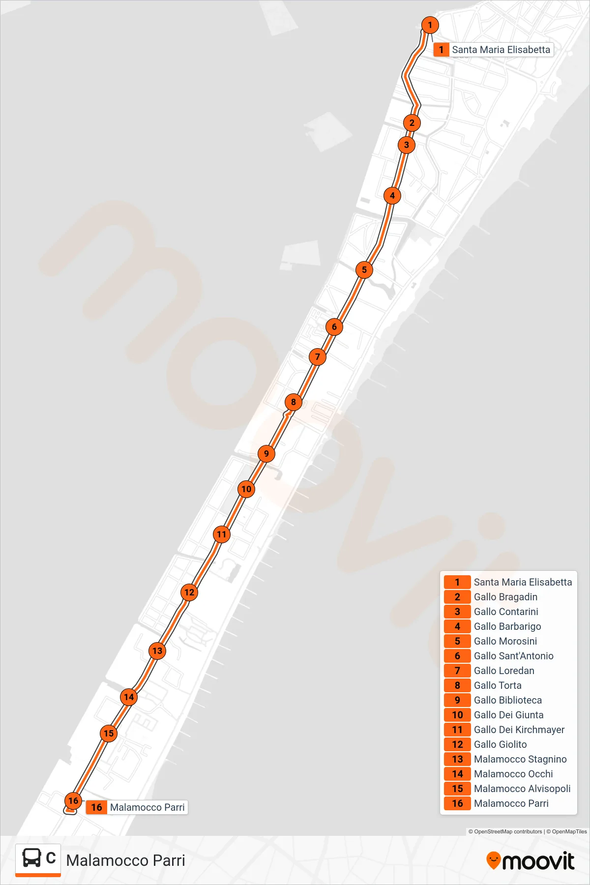 C bus Line (Malamocco Parri) route and stops on a map