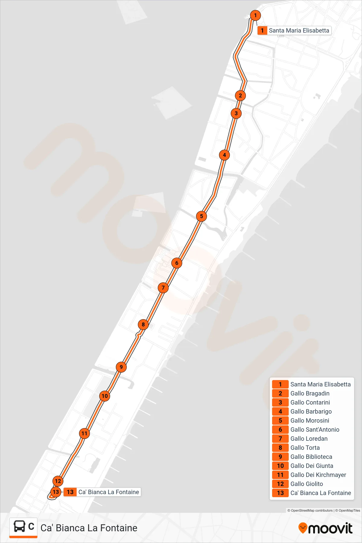 C bus Line (Ca' Bianca La Fontaine) route and stops on a map