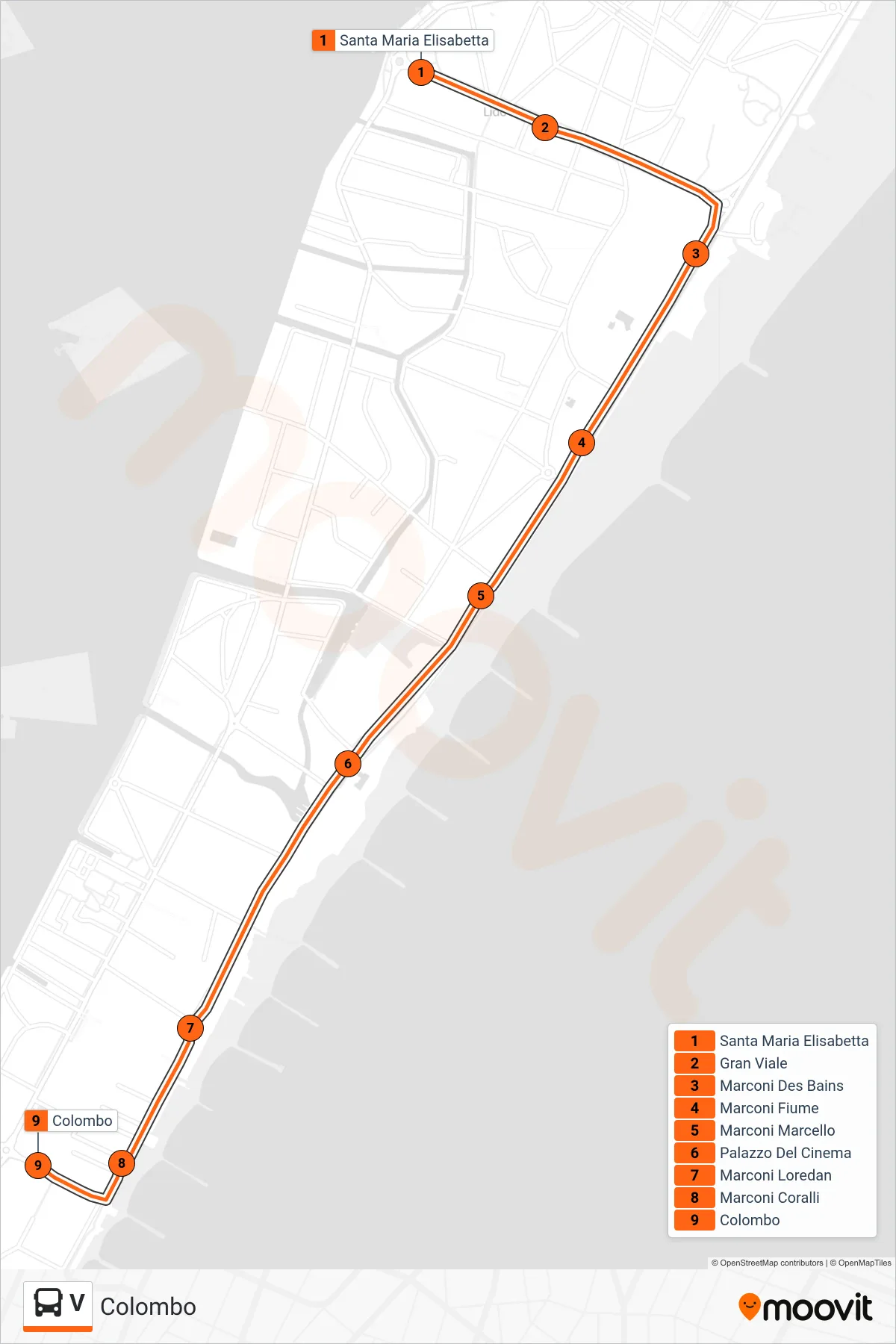 V bus Line (Colombo) route and stops on a map