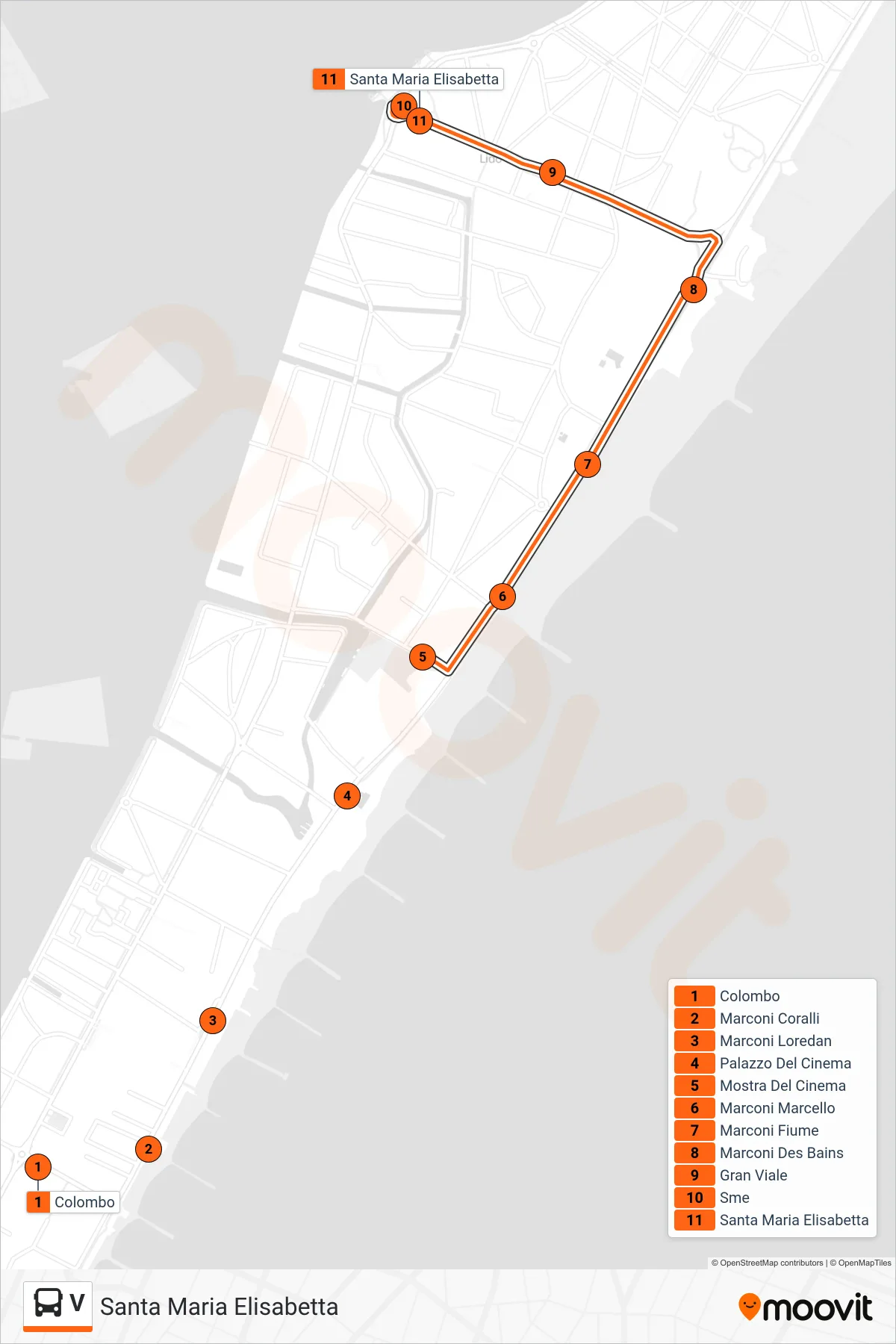 Linea V bus (Santa Maria Elisabetta) - Percorsi e fermate sulla mappa