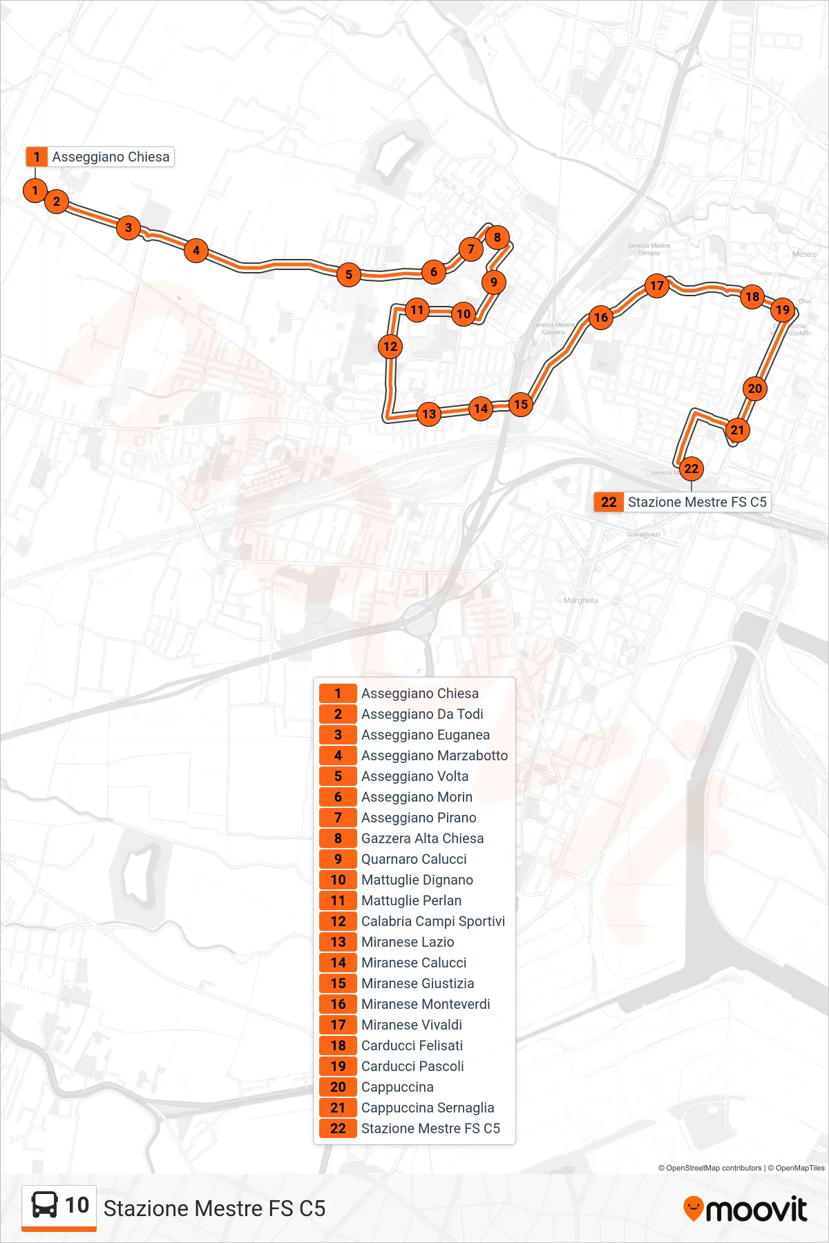 Linea 10 bus (Stazione Mestre FS C5) - Percorsi e fermate sulla mappa