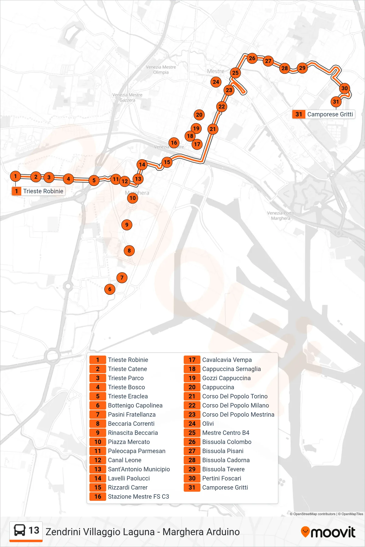 Linea 13 bus (Camporese Gritti) - Percorsi e fermate sulla mappa