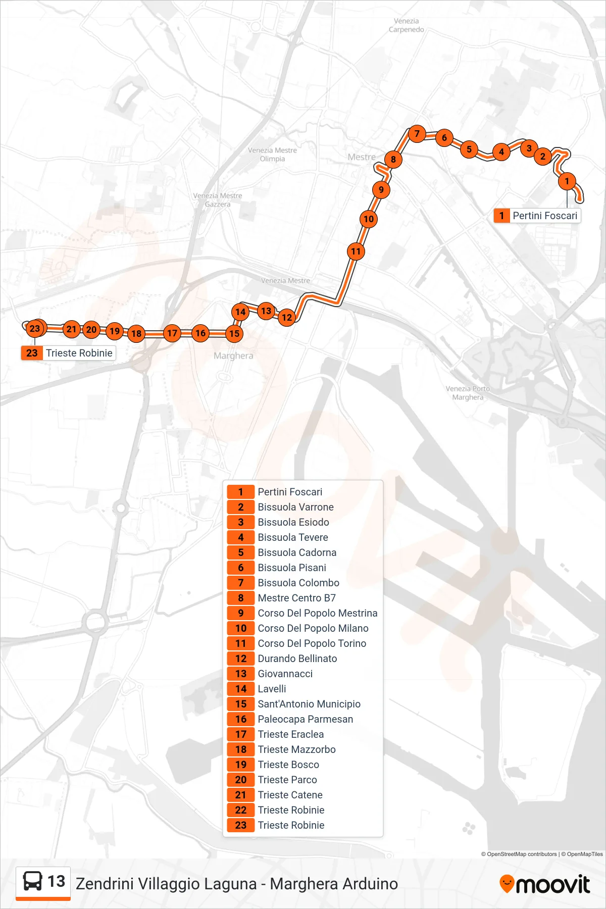 Linea 13 bus (Trieste Robinie) - Percorsi e fermate sulla mappa