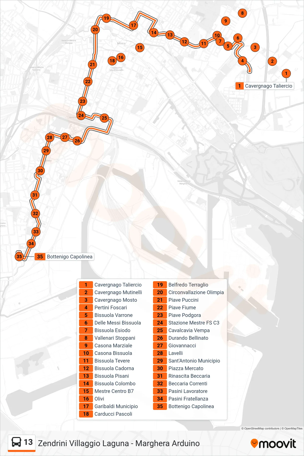 Linea 13 bus (Bottenigo Capolinea) - Percorsi e fermate sulla mappa