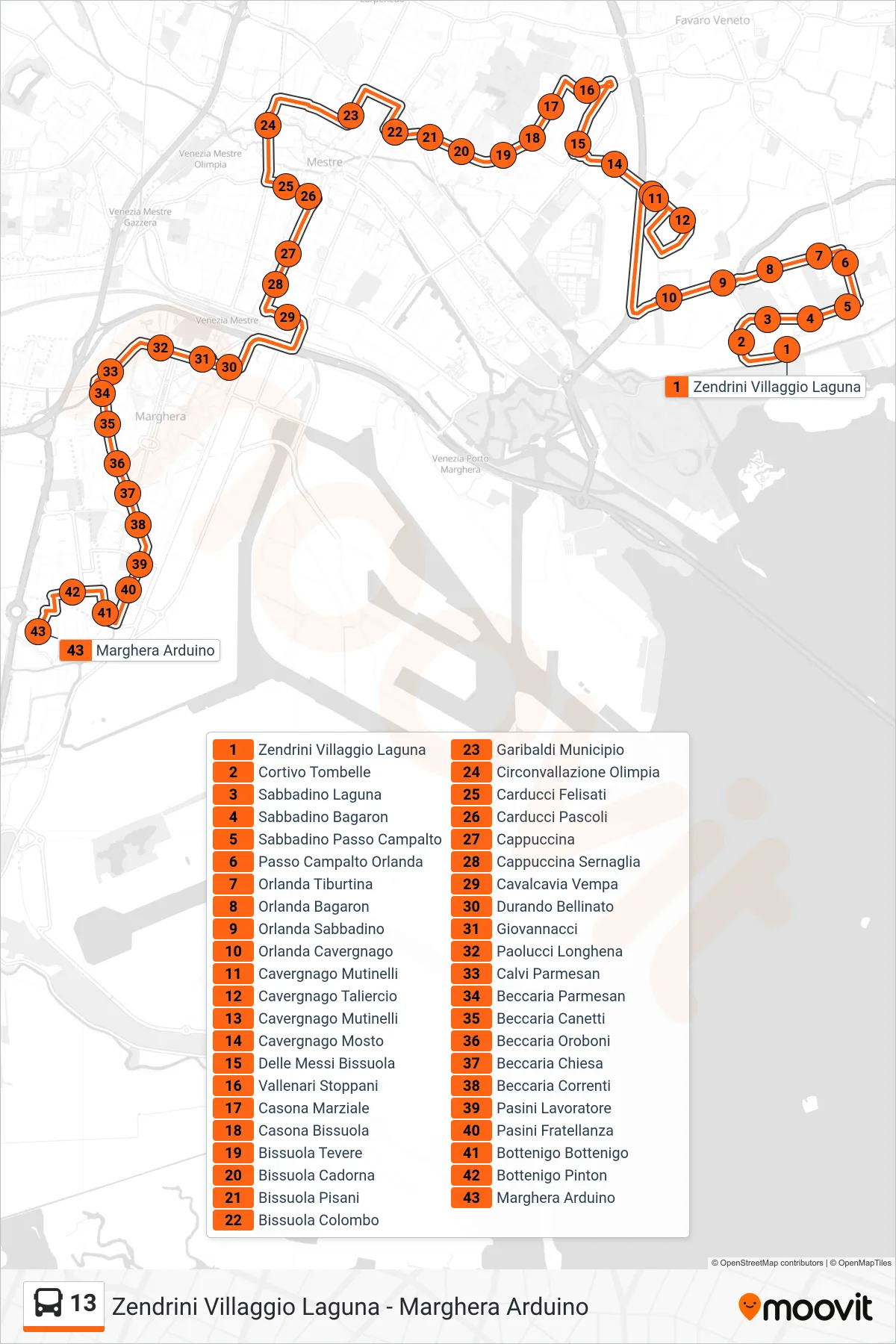 Linea 13  bus (Marghera Arduino) - Percorsi e fermate sulla mappa