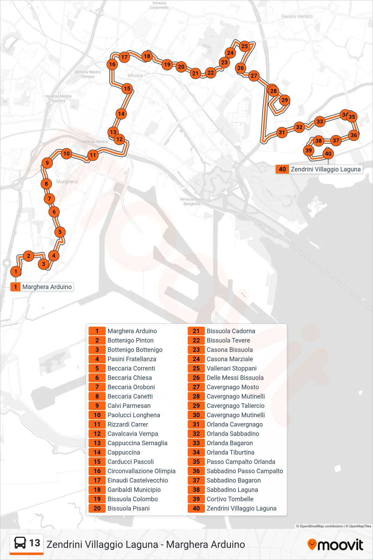 Linea 13 bus (Zendrini Villaggio Laguna) - Percorsi e fermate sulla mappa