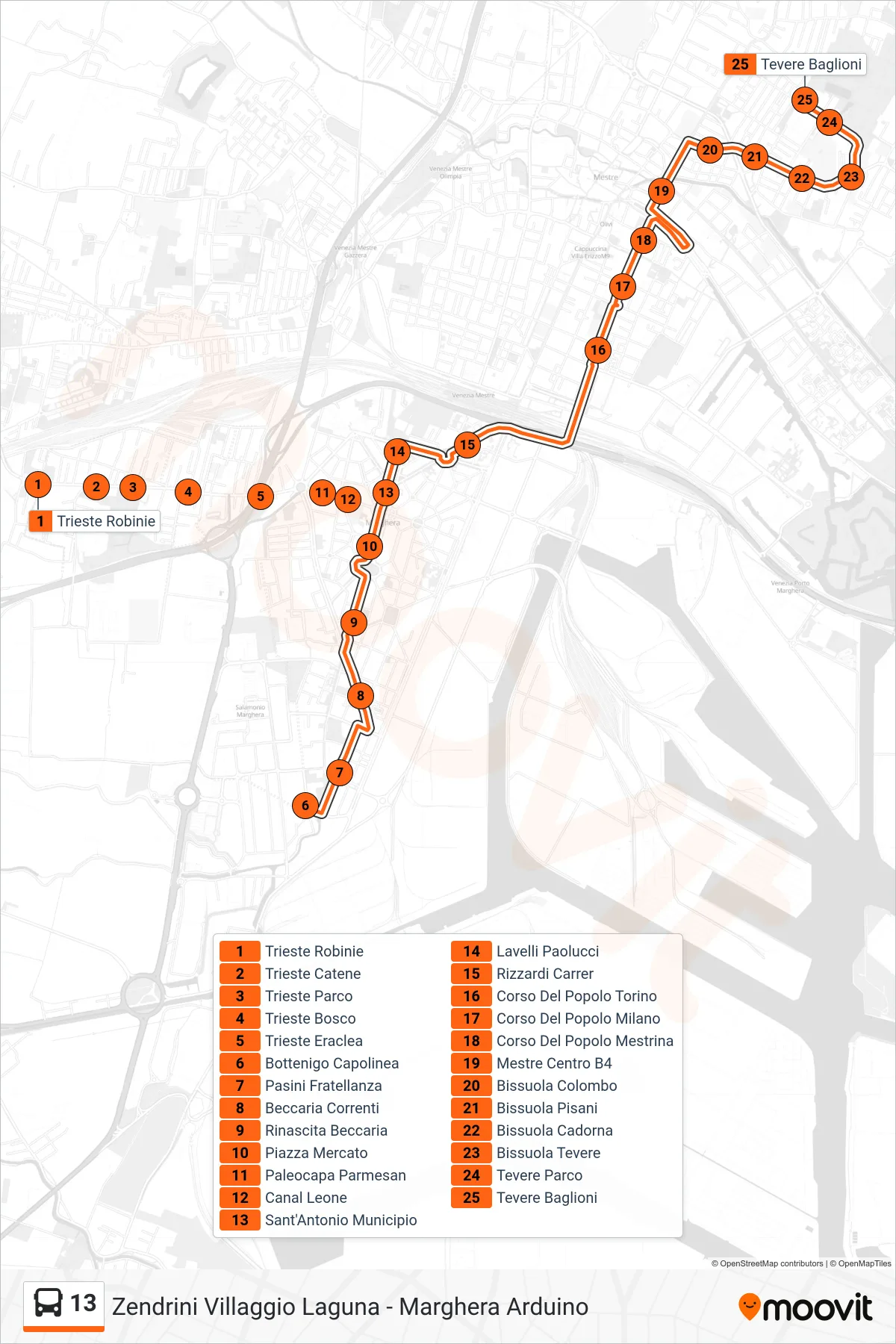 Linea 13 bus (Tevere Baglioni) - Percorsi e fermate sulla mappa