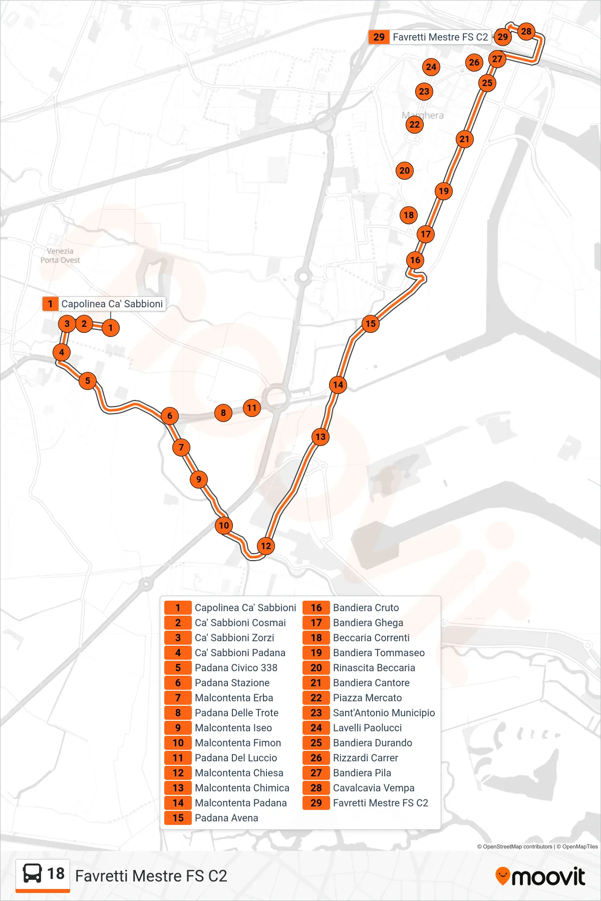 Linea 18 bus (Favretti Mestre FS C2) - Percorsi e fermate sulla mappa