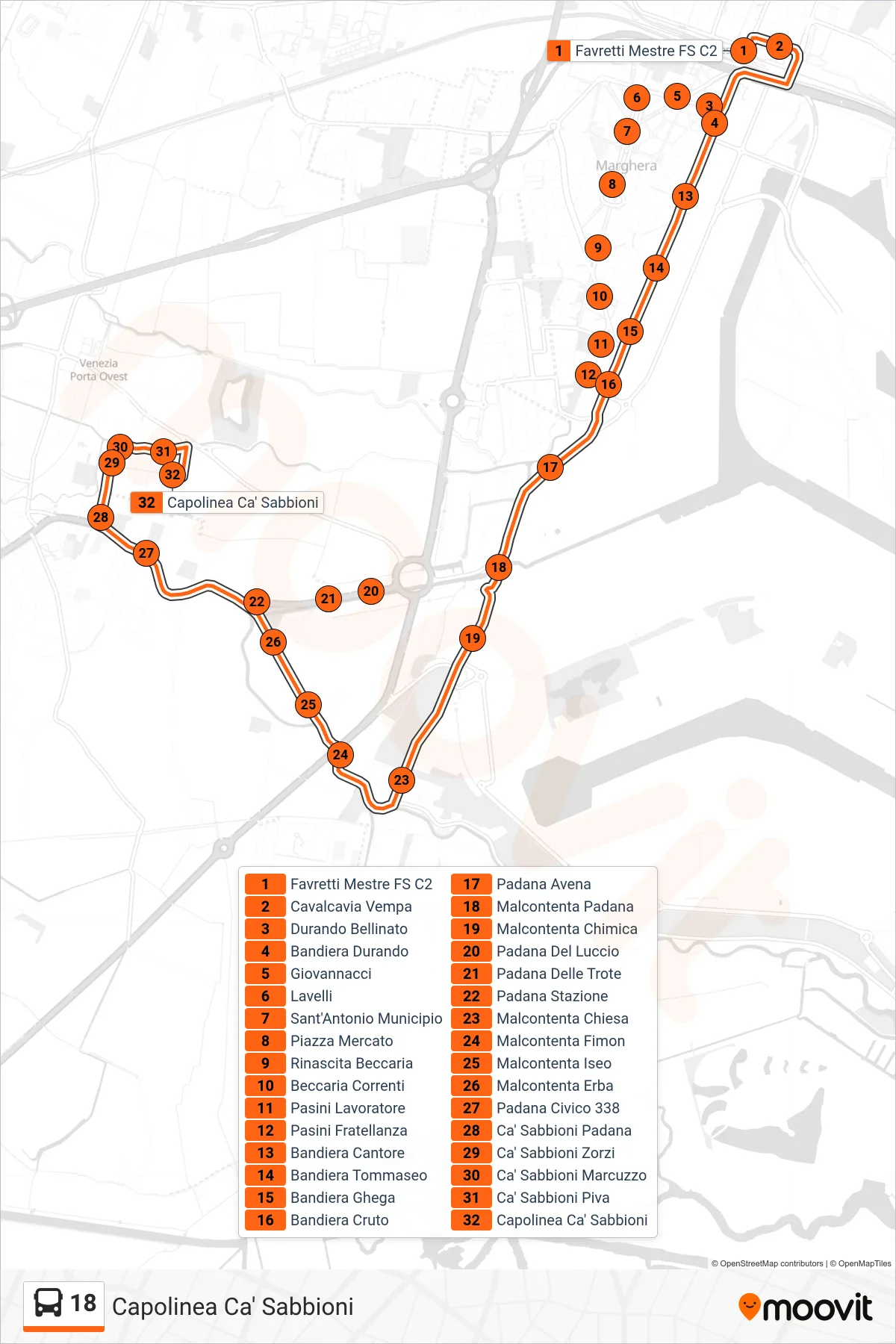 Linea 18  bus (Capolinea Ca' Sabbioni) - Percorsi e fermate sulla mappa