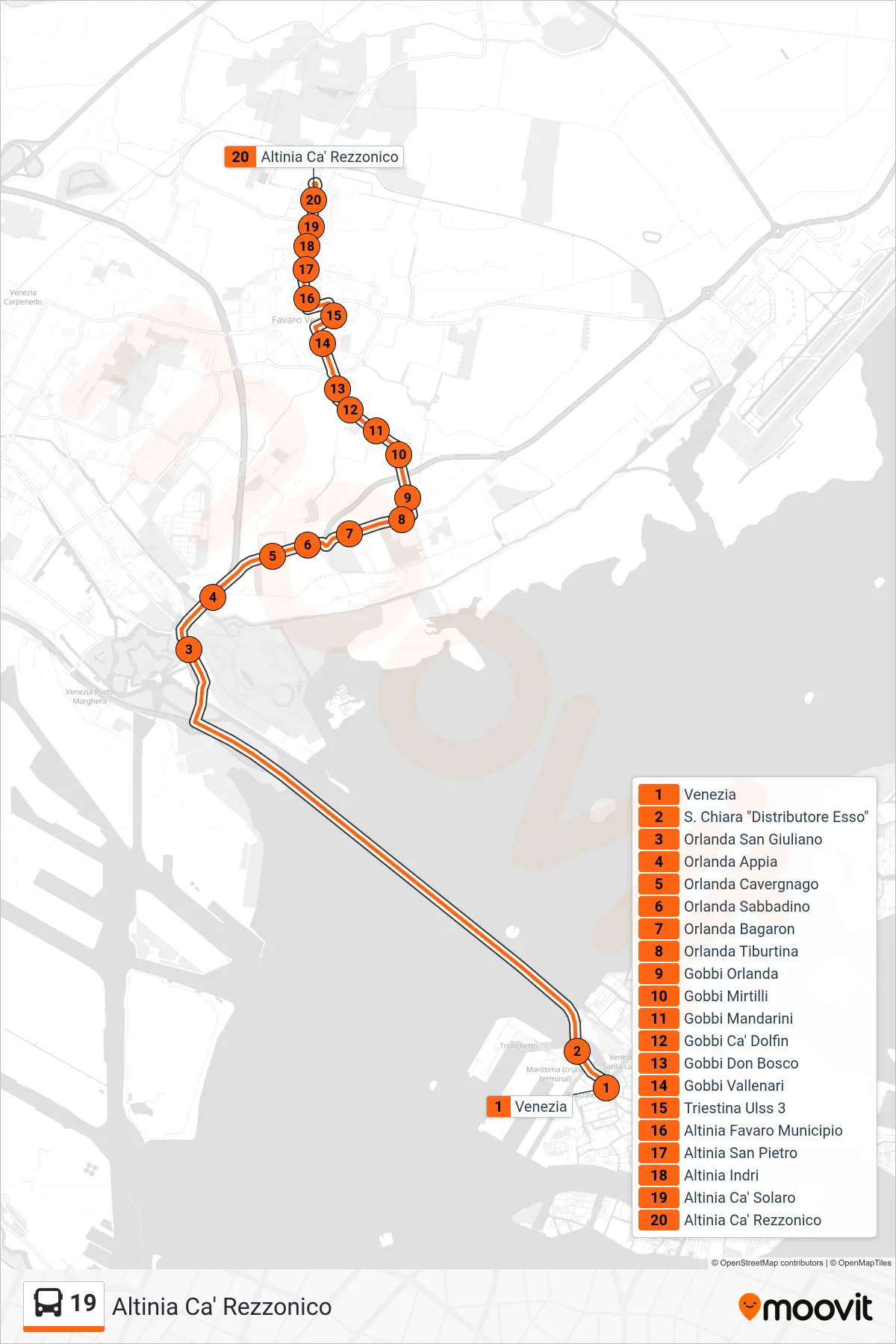 Linea 19  bus (Altinia Ca' Rezzonico) - Percorsi e fermate sulla mappa