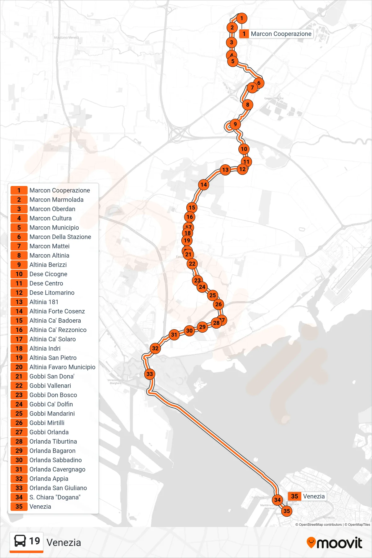 Linea 19  bus (Venezia) - Percorsi e fermate sulla mappa