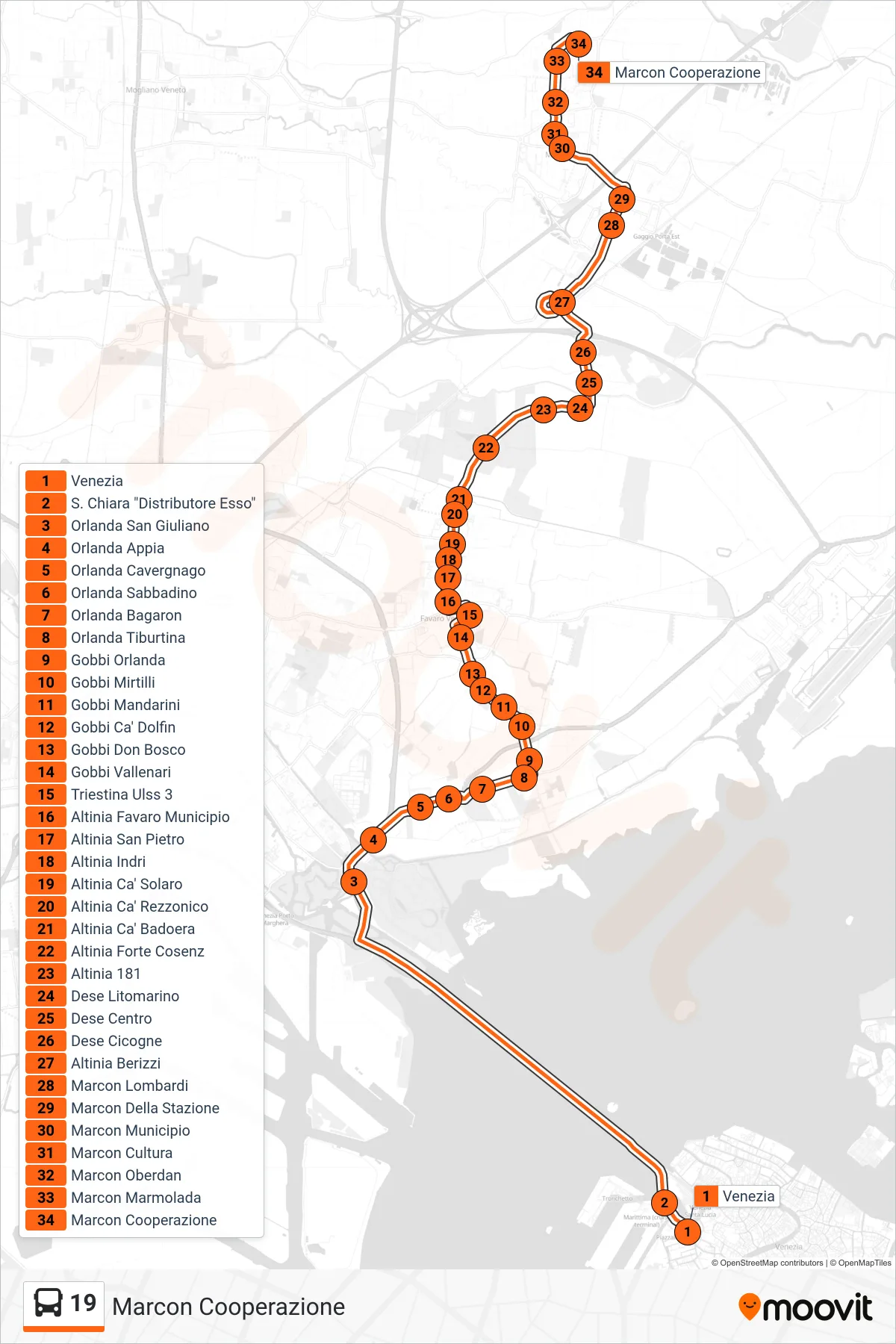 Linea 19 bus (Marcon Cooperazione) - Percorsi e fermate sulla mappa
