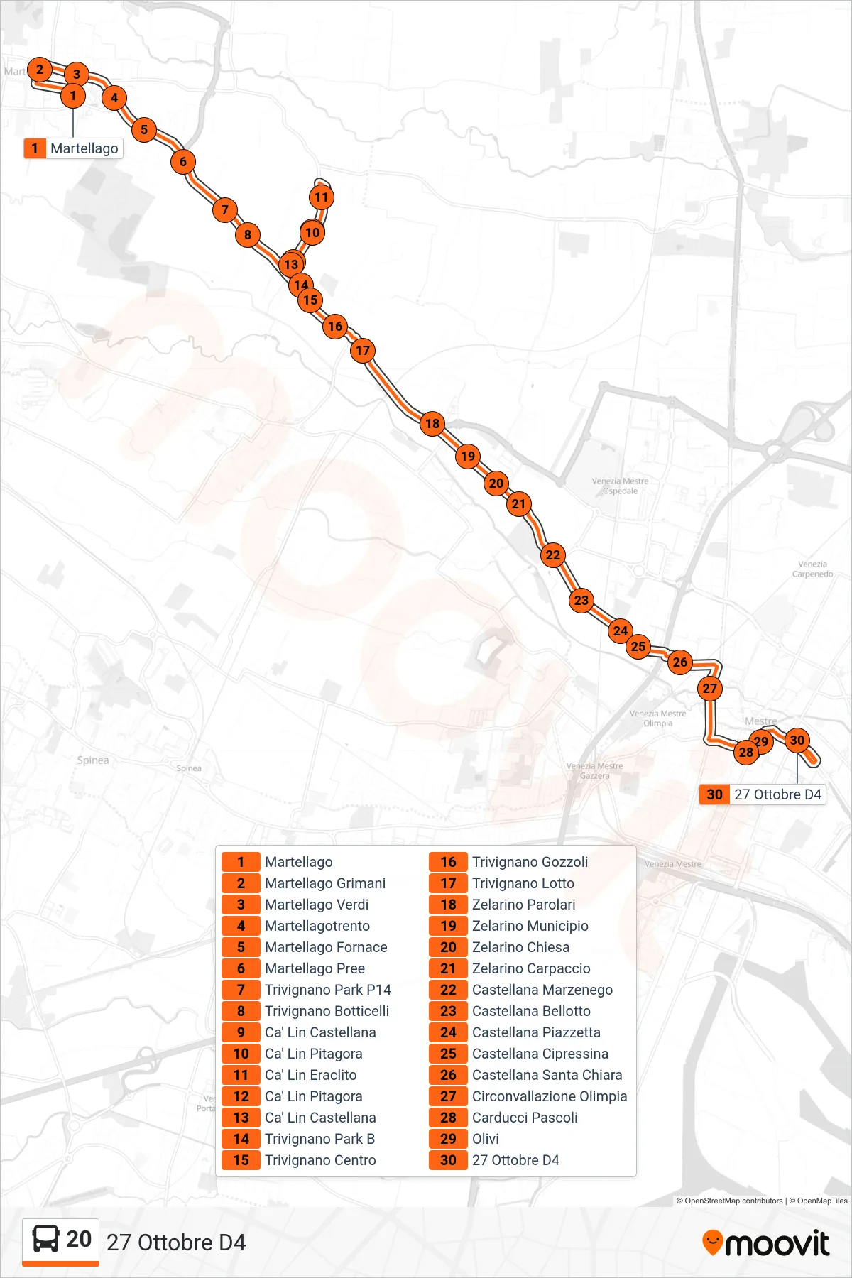 Linea 20 bus (27 Ottobre D4) - Percorsi e fermate sulla mappa