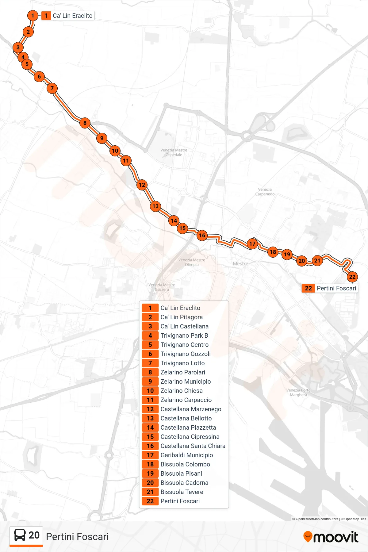 Linea 20  bus (Pertini Foscari) - Percorsi e fermate sulla mappa