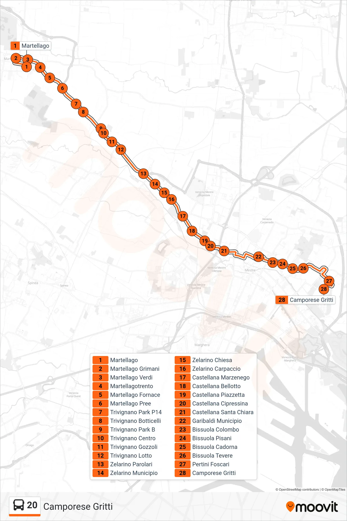 Linea 20  bus (Camporese Gritti) - Percorsi e fermate sulla mappa