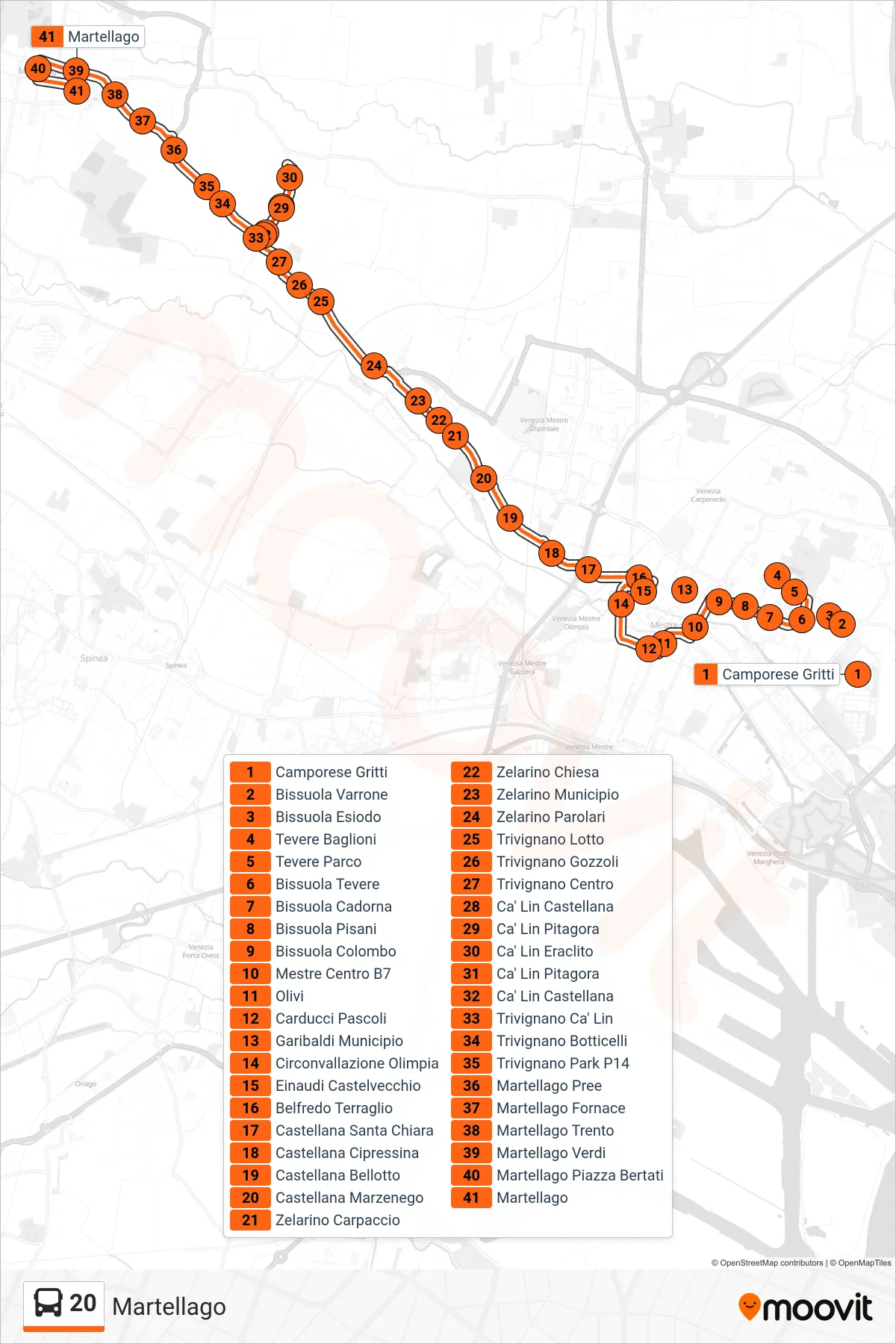 Linea 20  bus (Martellago) - Percorsi e fermate sulla mappa