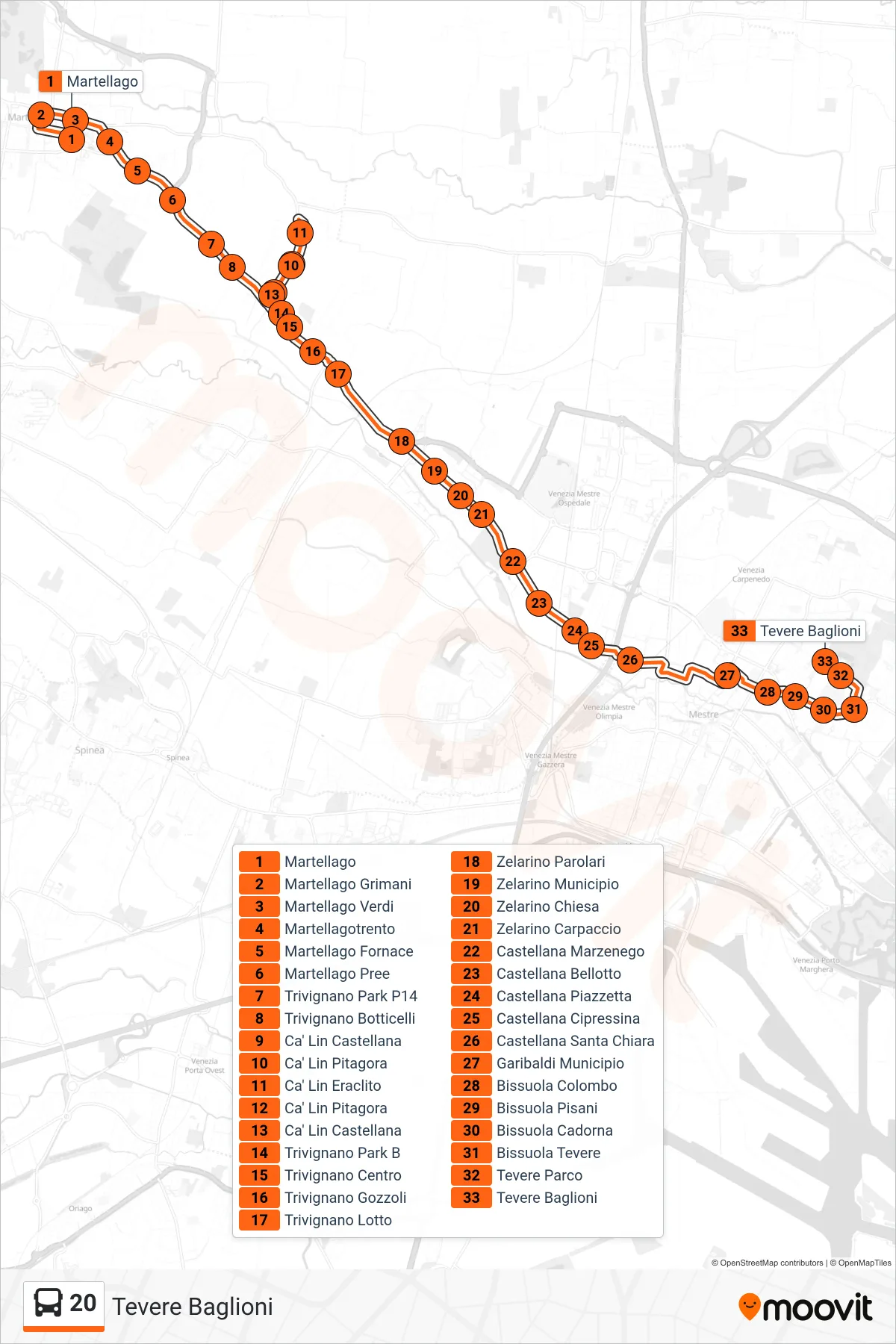 Linea 20 bus (Tevere Baglioni) - Percorsi e fermate sulla mappa