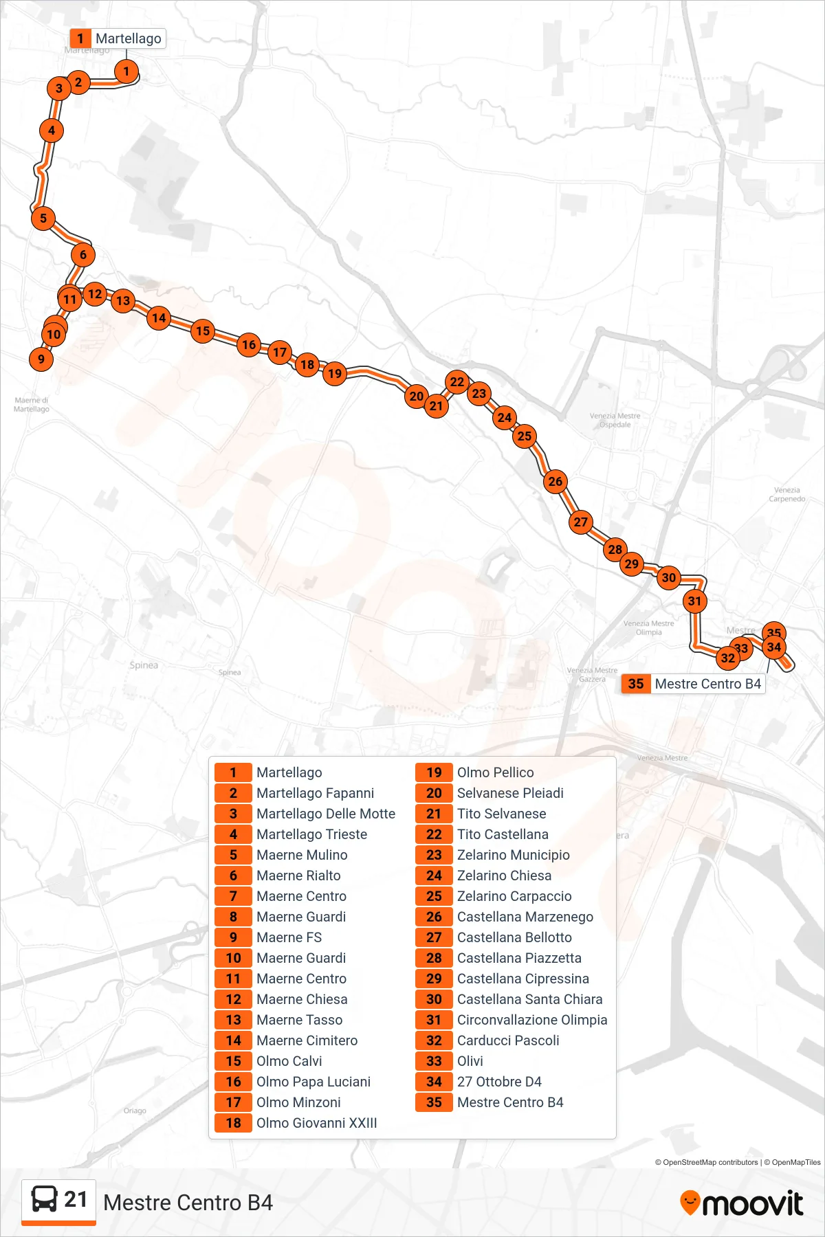 Linea 21 bus (Mestre Centro B4) - Percorsi e fermate sulla mappa