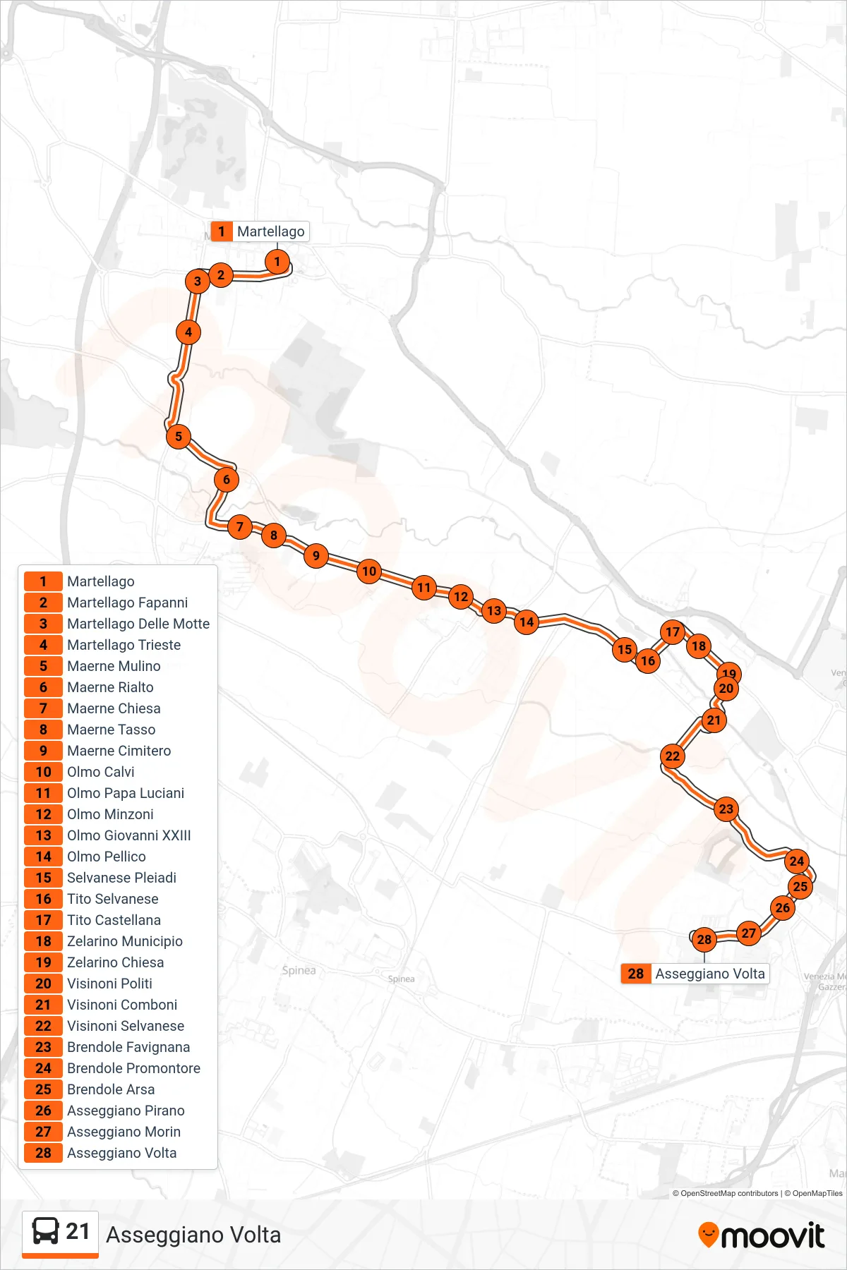 Linea 21 bus (Asseggiano Volta) - Percorsi e fermate sulla mappa