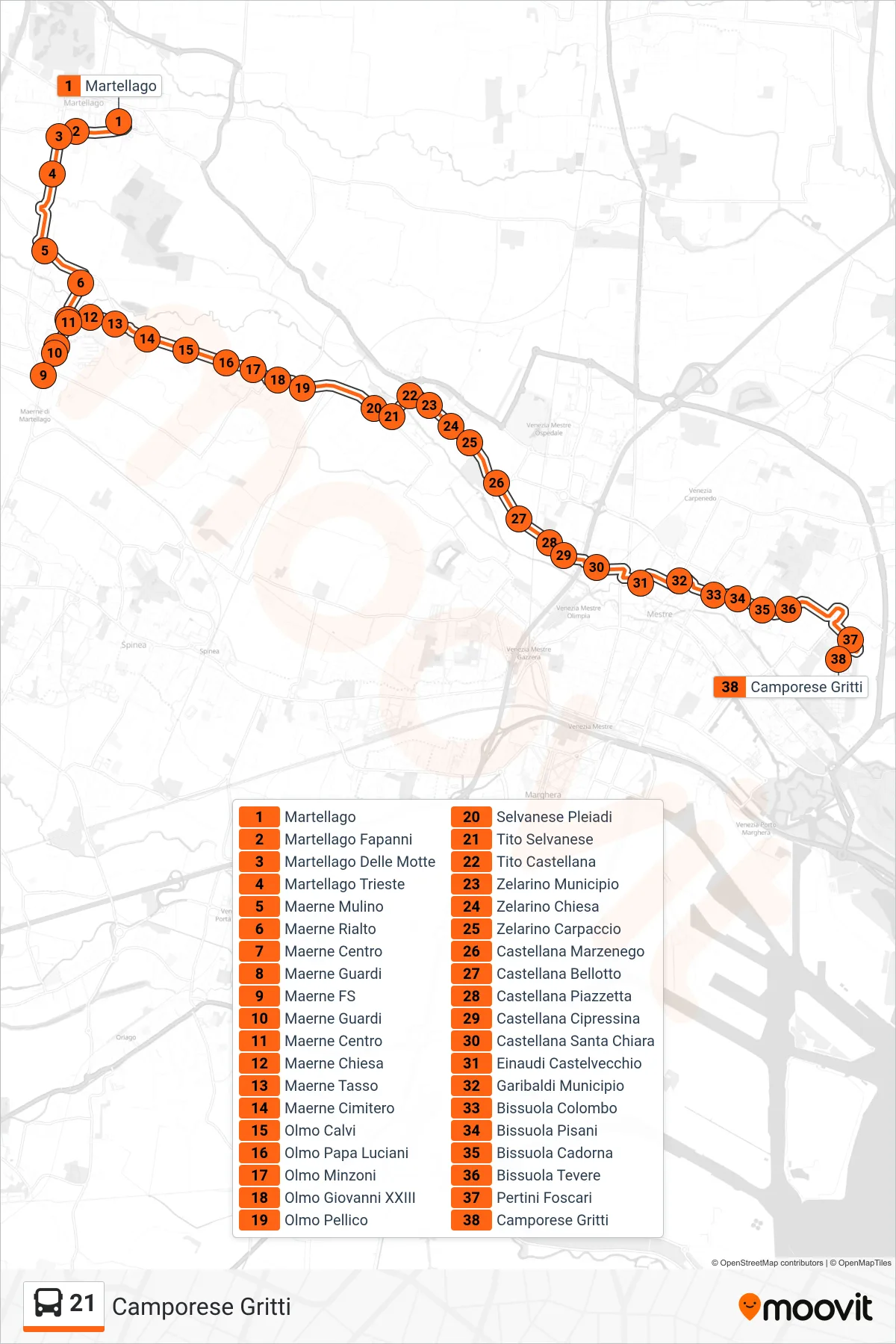 Linea 21 bus (Camporese Gritti) - Percorsi e fermate sulla mappa