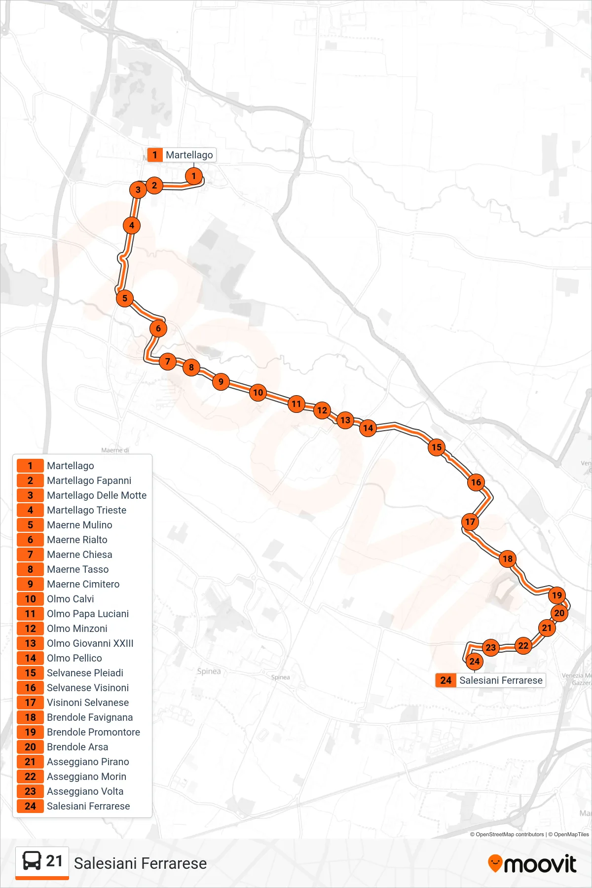 Linea 21 bus (Salesiani Ferrarese) - Percorsi e fermate sulla mappa