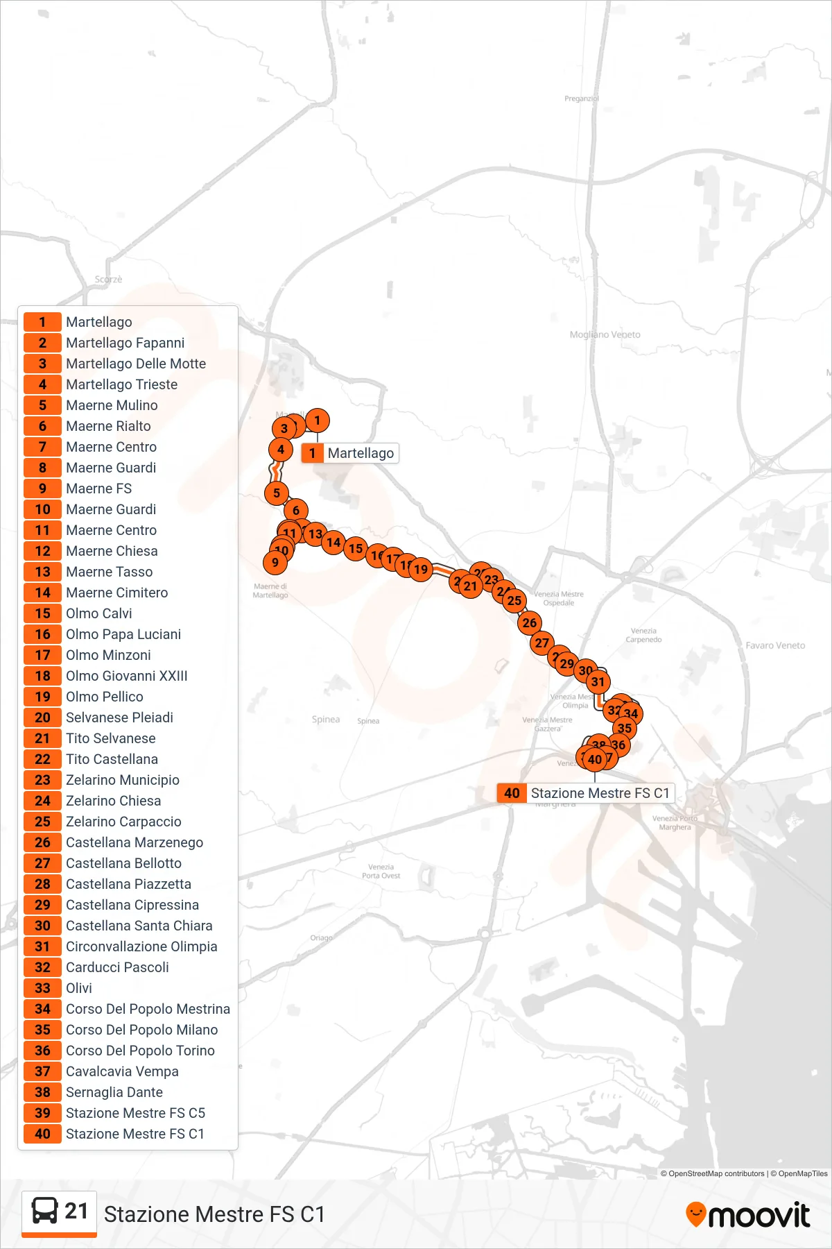 Linea 21 bus (Stazione Mestre FS C1) - Percorsi e fermate sulla mappa