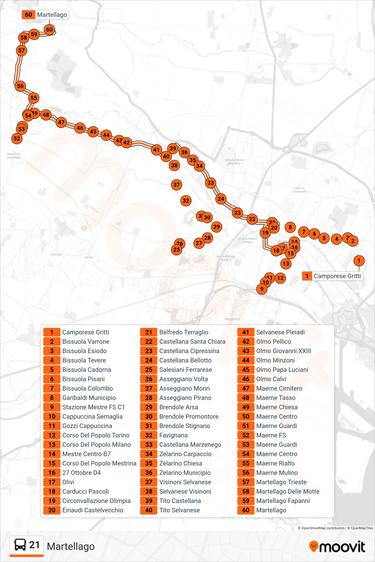 Linea 21 bus (Martellago) - Percorsi e fermate sulla mappa